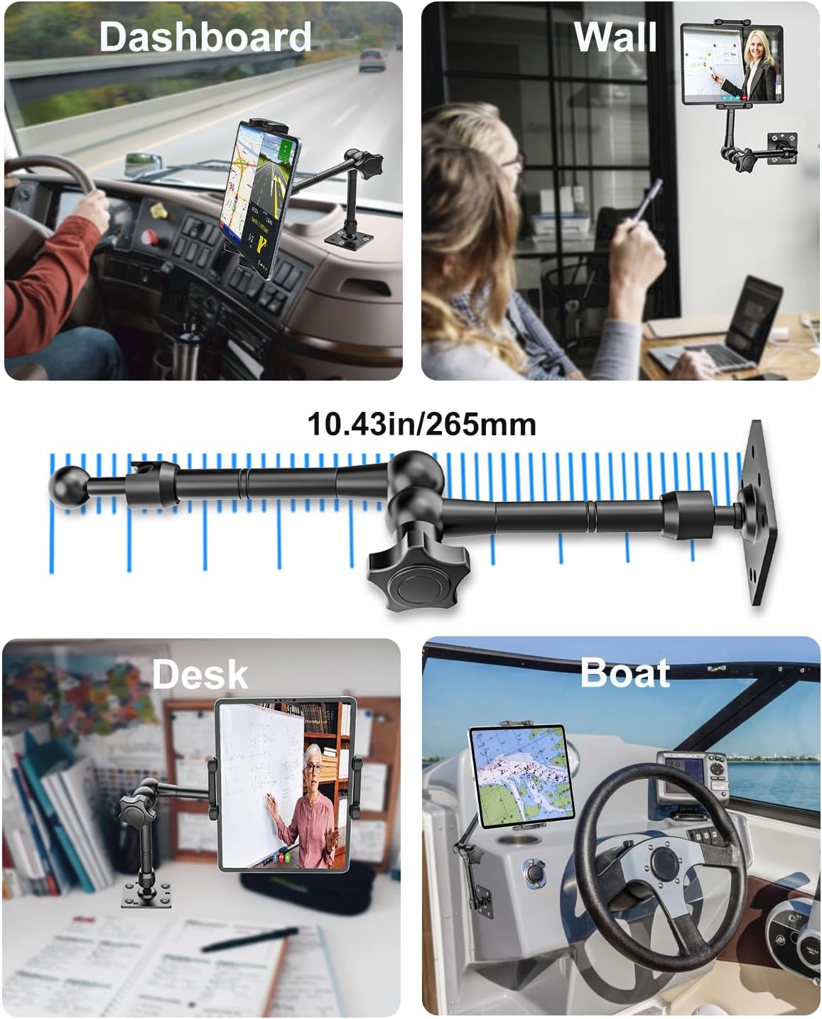 Metal Drill Base Tablet Car Mount for Truck, Vehicle, Wall, Boat, Desktop, Dashboard with 360° Adjustable Long Arm, Compatible with 4-13" iPad Pro/Air/Mini/Galaxy Tab, Cell Phone