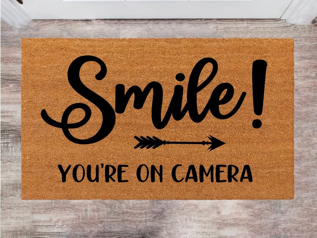 POMOTER Smile You are On Camera Doormat,Flannel Front Door Mat with Anti-Slip Rubber Back,Closing Gift,Funny House Warming Gift,Wedding Gift,New Home Decoration 24x16 Inch