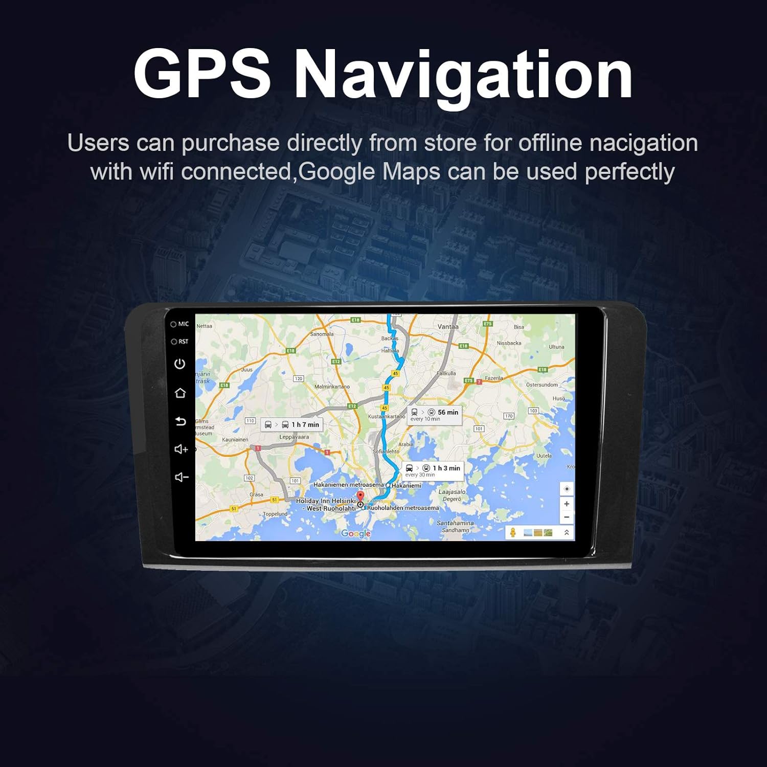 EZoneTronics car stereo displaying GPS navigation map with route information
