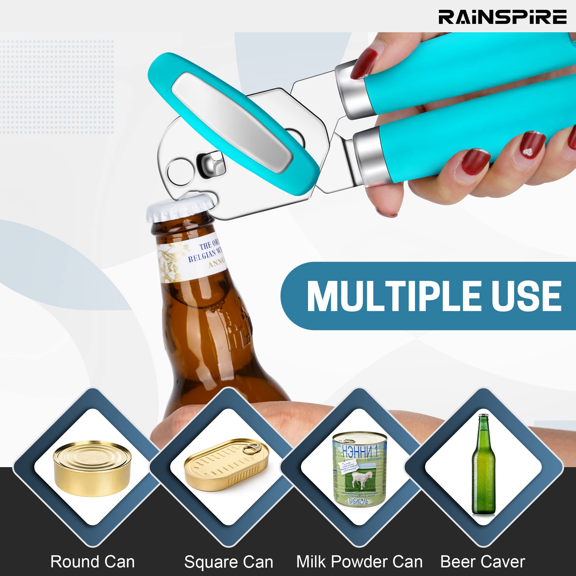 Rainspire Abrelatas manual de mano fuerte abrelatas manual de corte de borde suave, abrelatas resistente, mango suave cómodo, abridor de botellas integrado, negro (azul)
