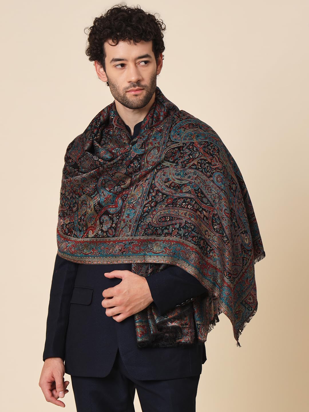 Zamour Large Indian Bamboo Modal Zari Shawl Prayer Wrap for Men, Original Kashmiri Kani Weave Paisley Design in Black