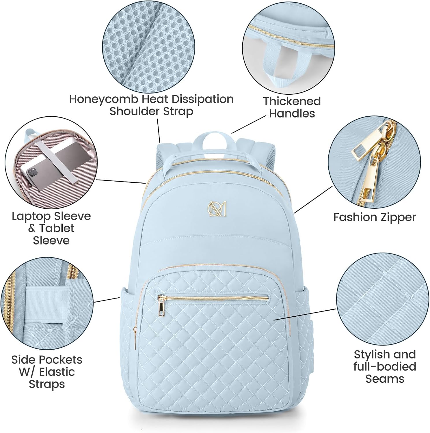 Travel Laptop Backpack,College Backpack for Women,Quilted Computer Bookbag for Girl, Laptop Casual Bag for School,Lightblue image 4