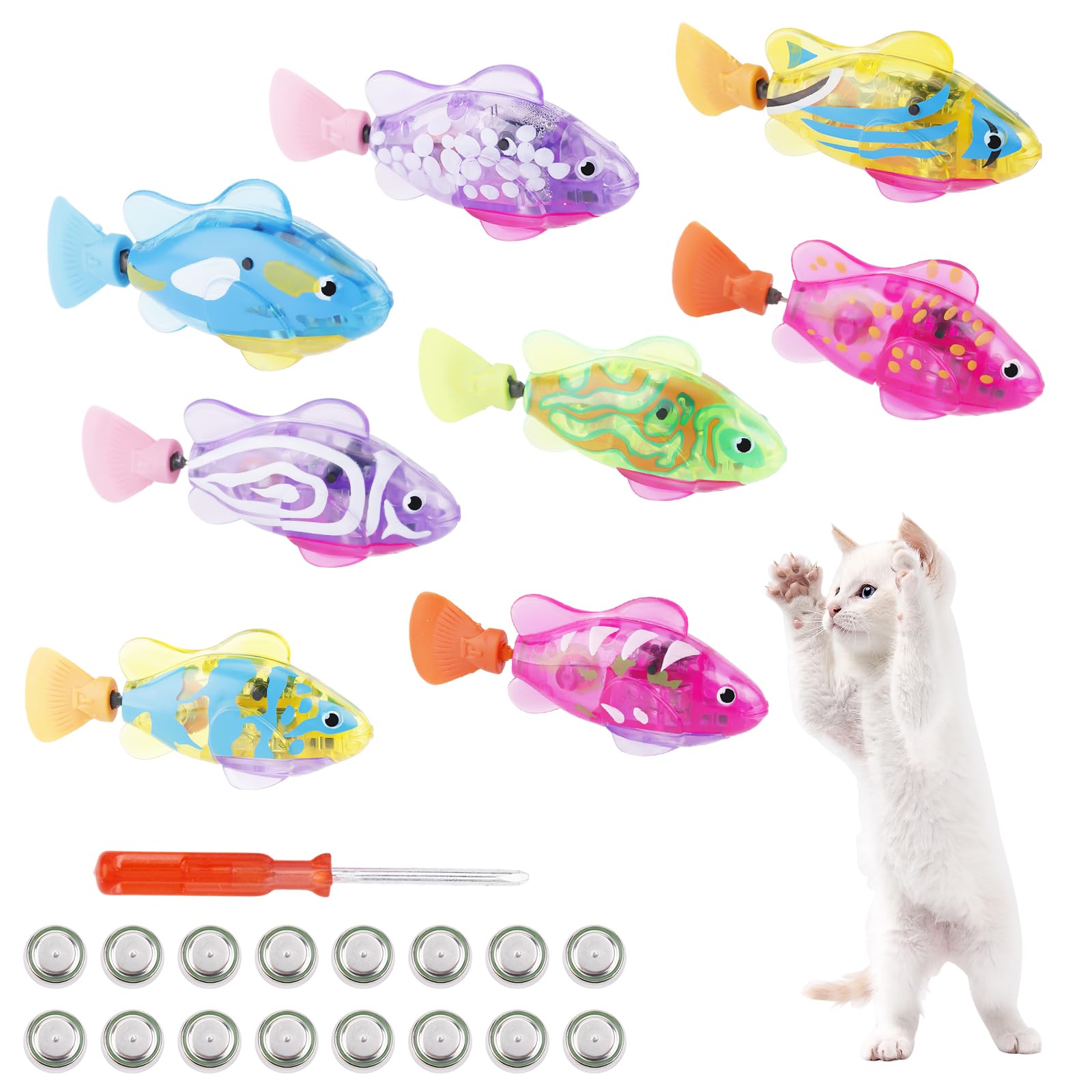 XIHIRCD 8pcs Robot Fish Cat Toys, Interactive Fish Cat Toy with Screwdriver Swimming in Water with LED Light Robot Swimming Fish Toys for Cat Stimulate Your Cat's Hunter Instinct