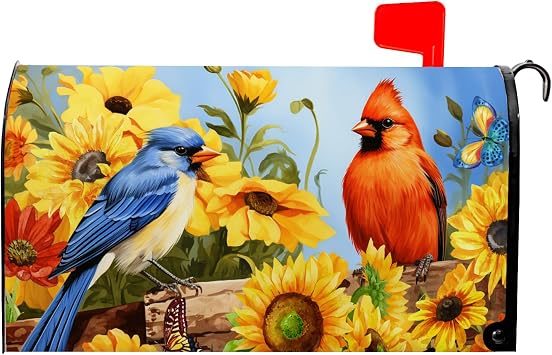 Sunflowers Mailbox Covers Magnetic Standard Size 21x18 in, Farmhouse Summer Rustic Floral Birds Mail Letter Post Box Wrap Cover for Home Outdoor Garden Yard Decor