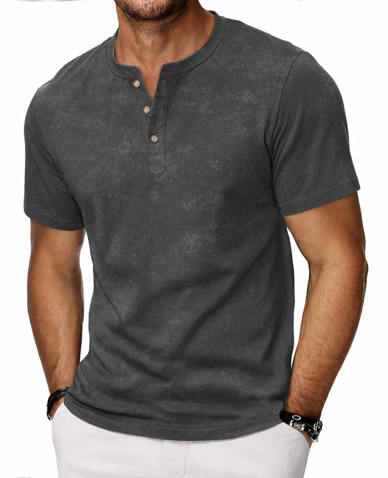 HMIYA Hemd Herren 100% Baumwolle Vintage Henley Shirt Kurzarm T-Shirts für Herren Sommerhemd Beiläufig Männer