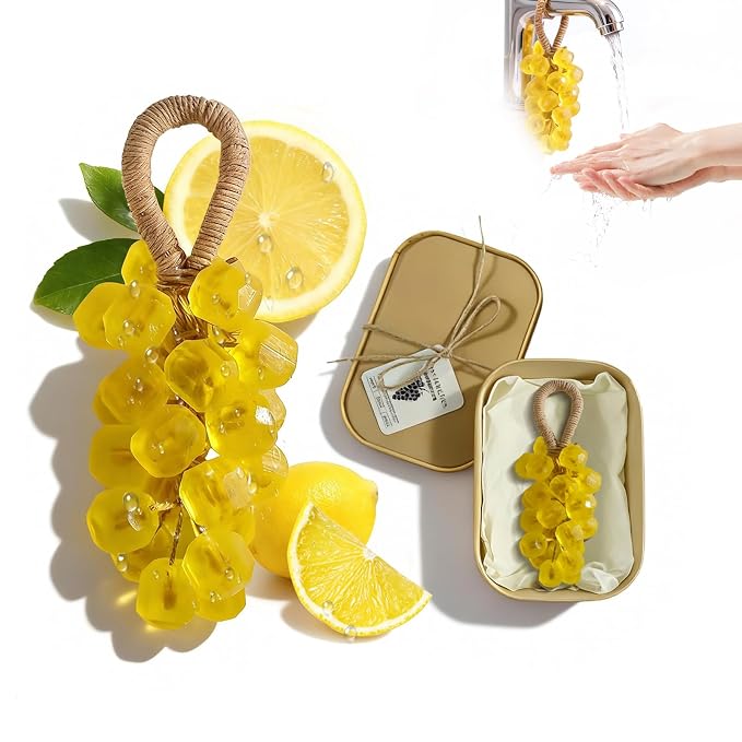 Grape Soap on a Rope – Handmade Grapes Cluster Shaped Soap Bar, Decorative Hanging Bath Soap with Lasting Fragrance, Cold Process Artisan Gift-Home Decor(Lemon Scent)
