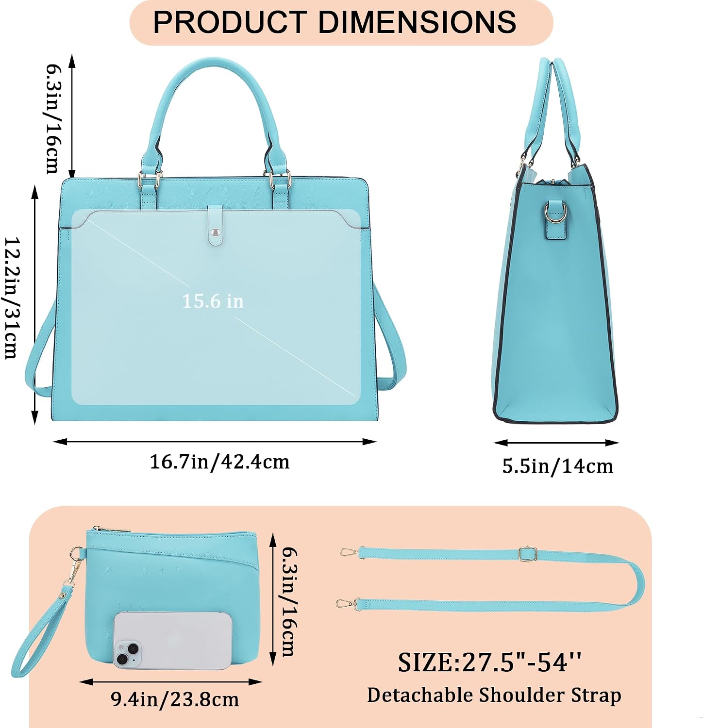 YZAOLL 15.6 Inch Vegan Leather Laptop Bag for Women Lightweight Water-Resistant Work Tote Briefcase for Travel,College,Office