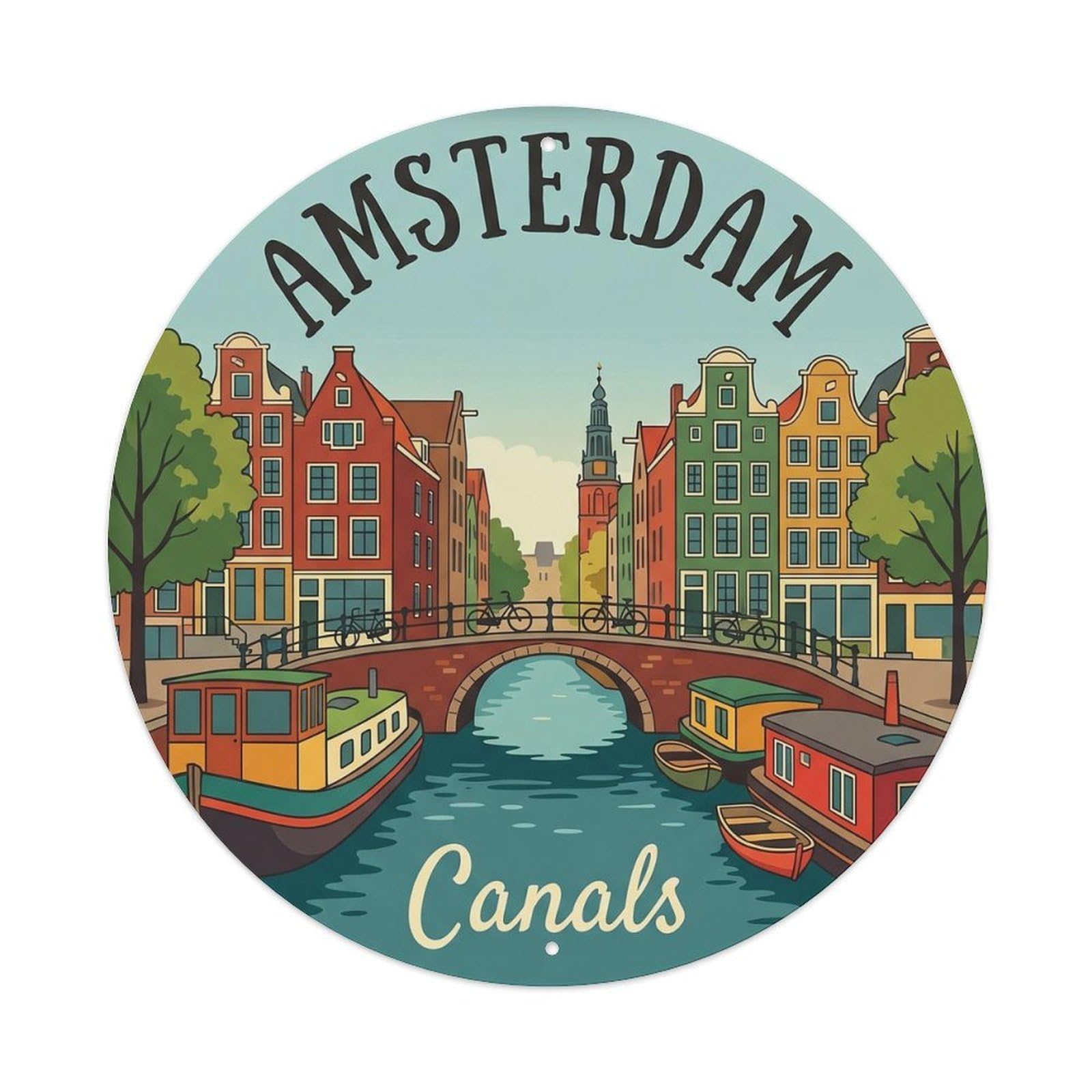 Vintage Travel Amsterdam Canal Europe Metal Tin Sign Plaque Wall Decor for Cafe, Club, Garden Round Metal Poster 8x8Inch