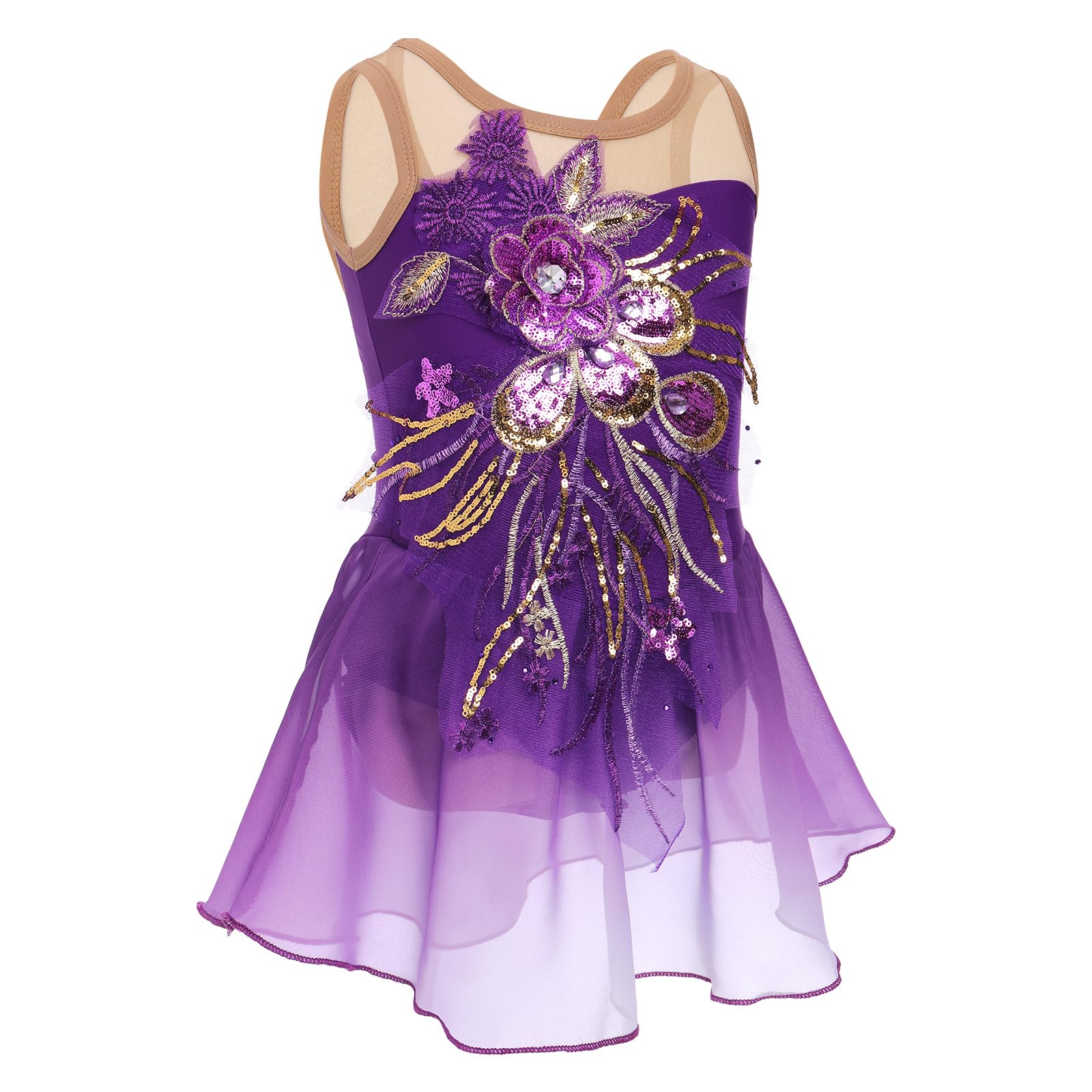 FYMNSI Robe de patinage artistique pour fille - Paillettes - Fleurs - Robe de ballet en mousseline de soie - Sans manches - Justaucorps de gymnastique - Vêtements de ballet pour 3-12 ans