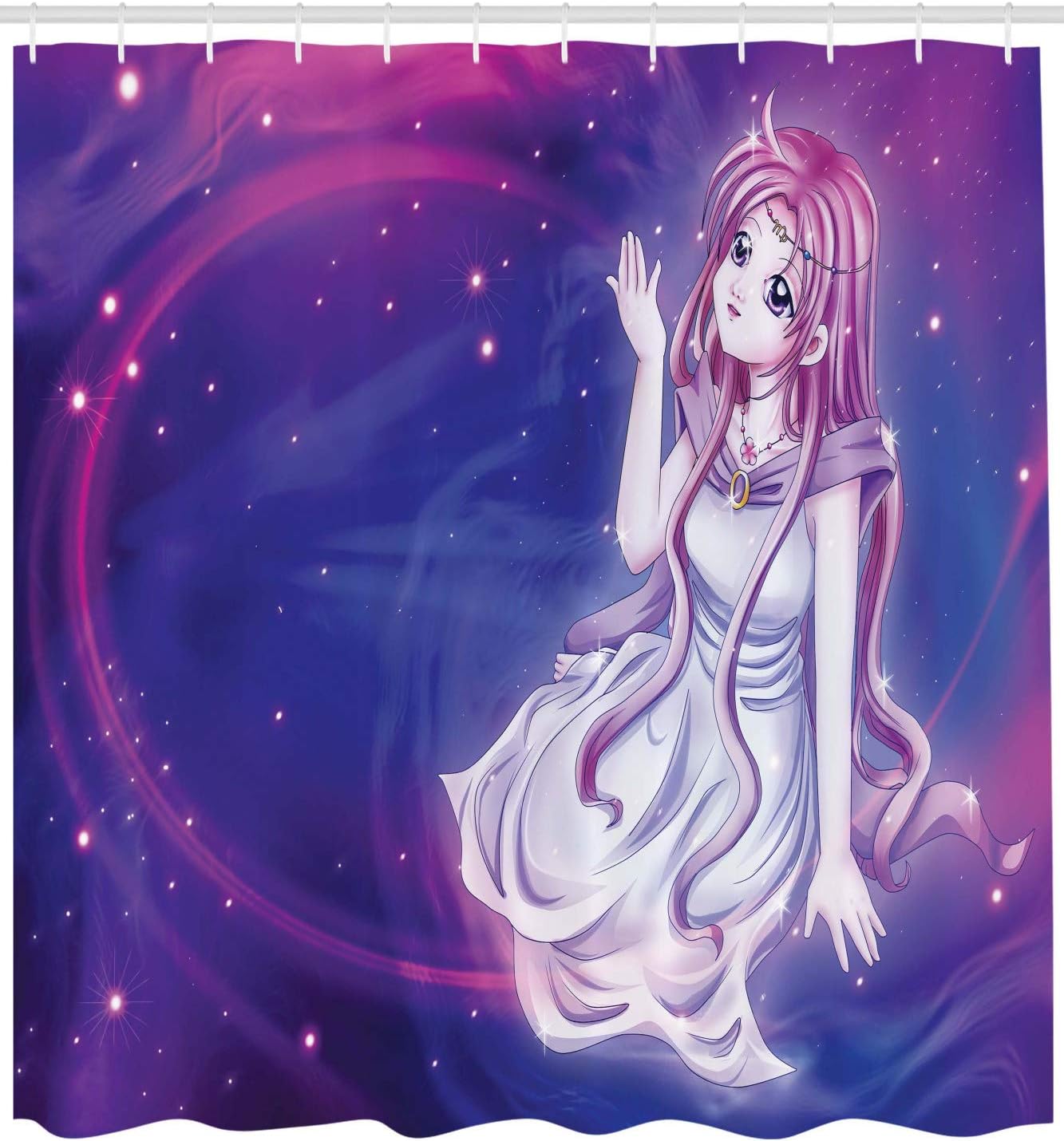 Ambesonne Anime Shower Curtain, Purple Anime Sitting in Theme of Zodiac Astrology Horoscope Sign Artprint, Cloth Fabric Bathroom Decor Set with Hooks, 69" W x 75" L, Purple Blue