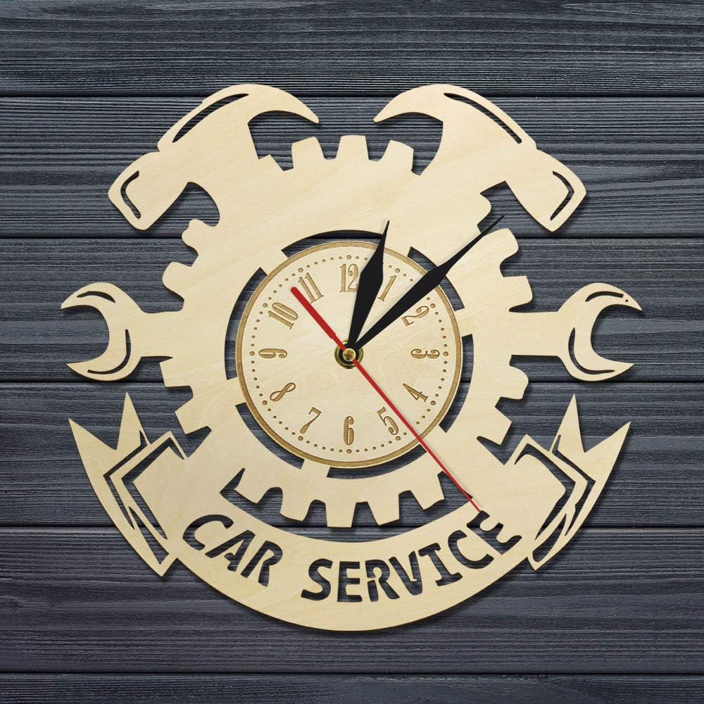 The Geeky Days Car Service Auto Repair Silent Wall Clock Garage Wall Decor Wood Wooden Wall Clock Garage Tools Tire Wrench Wall Sign Mechanic Gifts