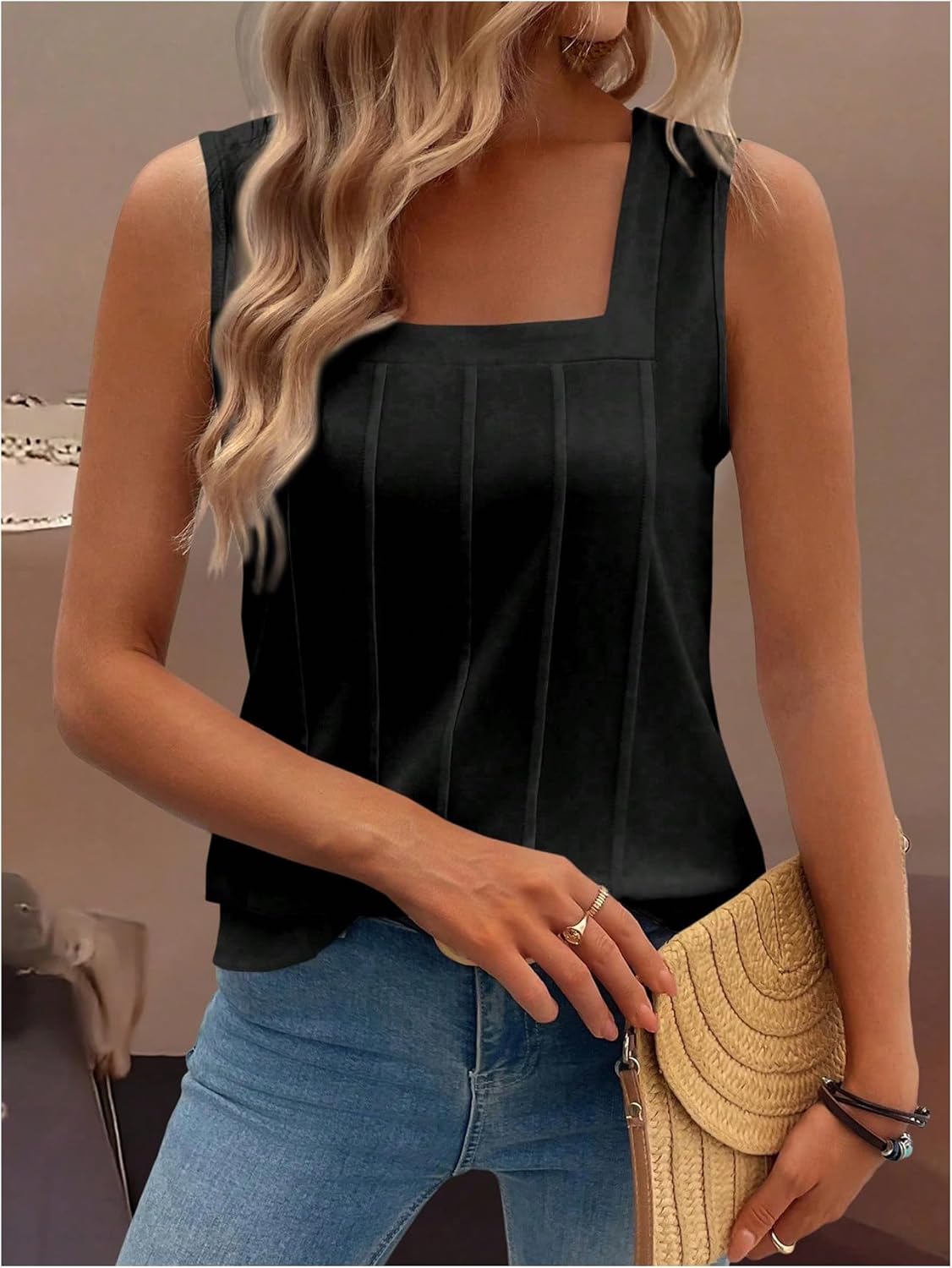 SHENHE Women's Summer Casual Tank Tops Sleeveless Square Neck Slim Fitted Basic Tops - Image 4