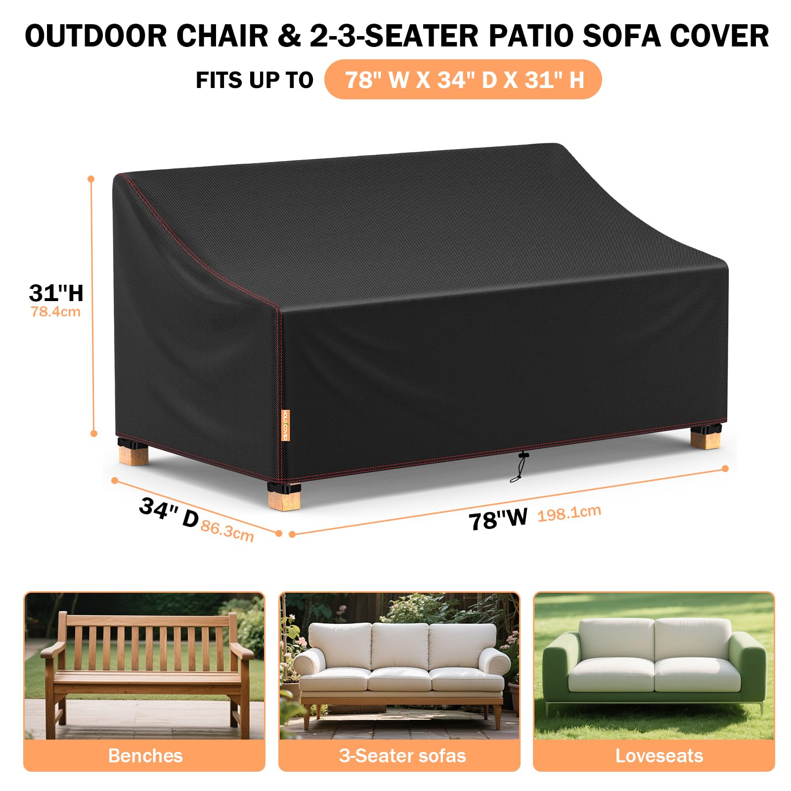 Close-up of the HOLDCOVER patio sofa cover's reinforced stitching and waterproof tape at the seams.