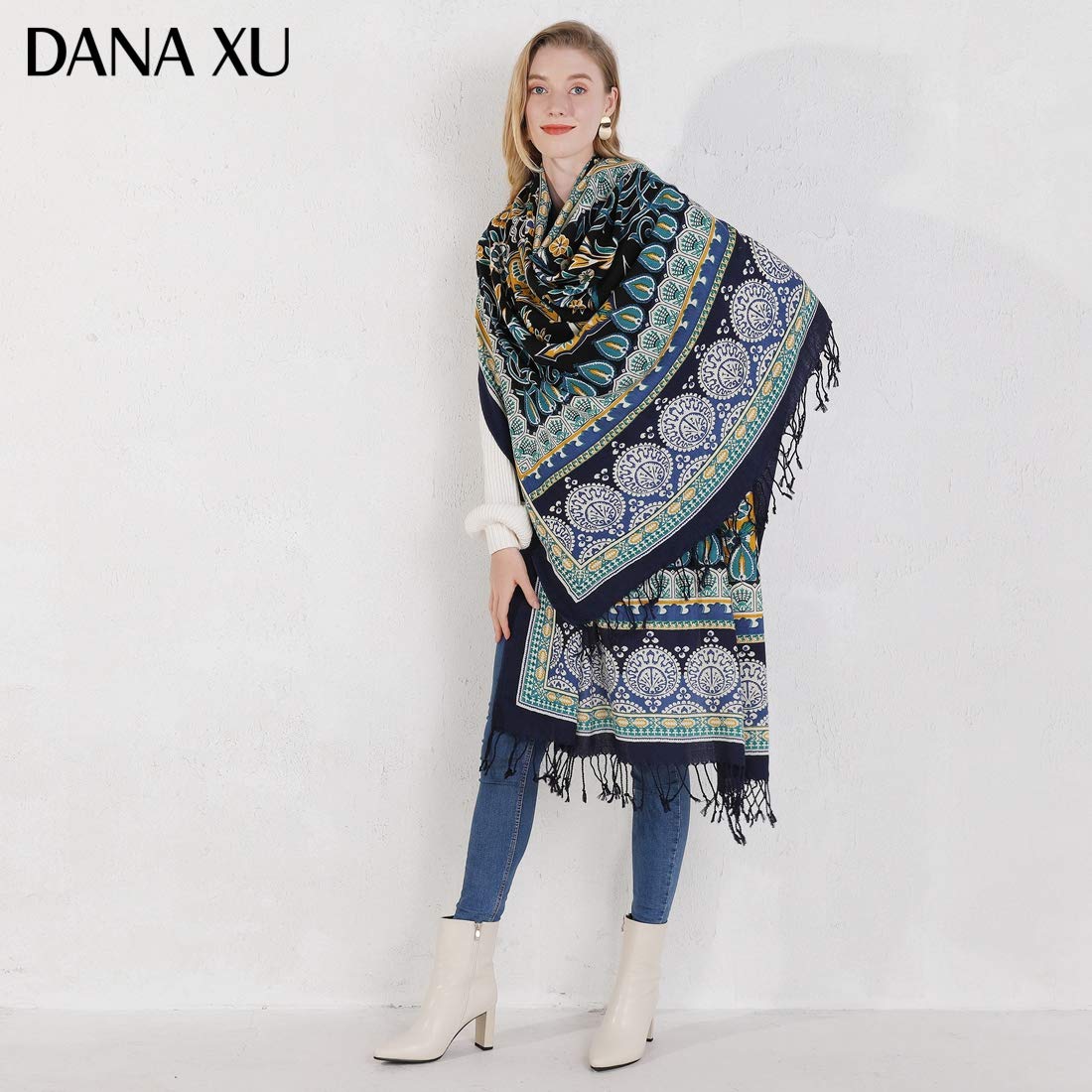 DANA XU 100% lana merino extra large pashmina scialle per le donne | 243,8 x 109,2 cm oversize in cashmere con nappe fatte a mano, mantello leggero da viaggio floreale per abito da sera