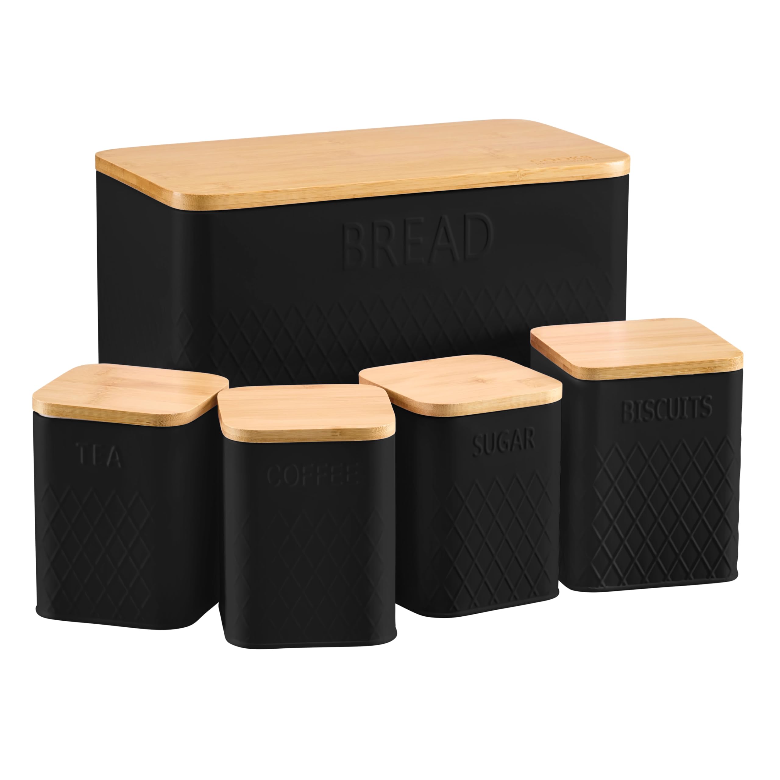 Cooks Professional 5 Piece - Black 5 Piece Tea, Coffee, Sugar, Biscuit & Bread Square Cannister Set With Bamboo Lids | Diamond Pattern Labelled Stainless Steel Kitchen Storage Bins Airtight Containers | Black
