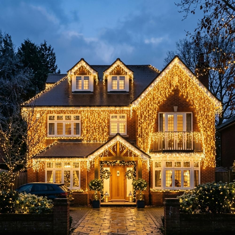 Outdoor Warm White Icicle Christmas Fairy Lights, 400 LED 10 Metres Lit Width, 80 Icicles, 8 Hour Timer, 8 Modes, Safe Voltage
