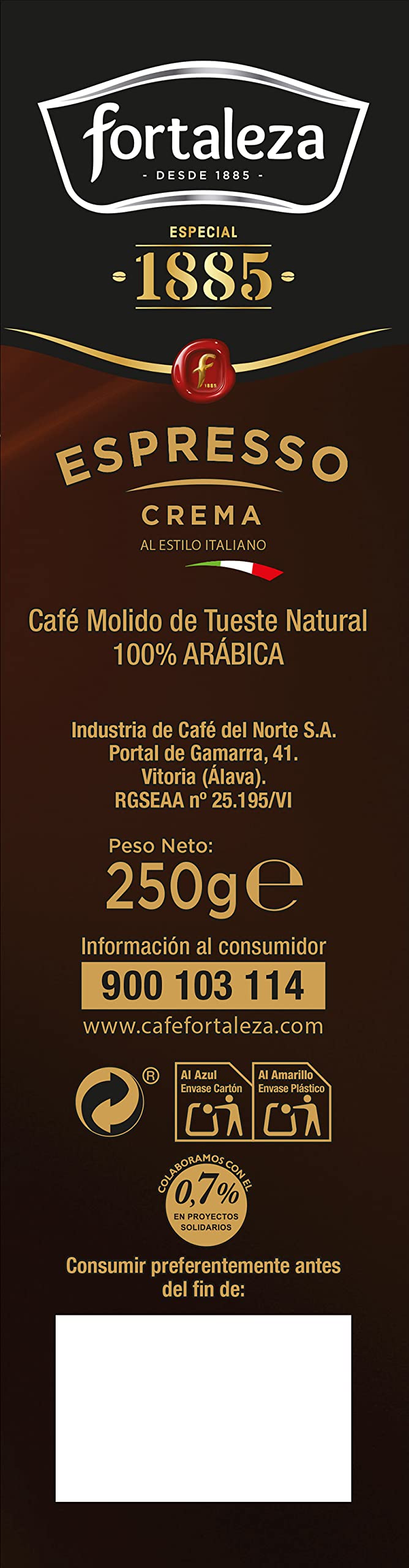 CAFÉ FORTALEZA Café Molido Espresso Natural Intensidad Media 100% Arábica - Pack 8 unidades Total 2 Kg