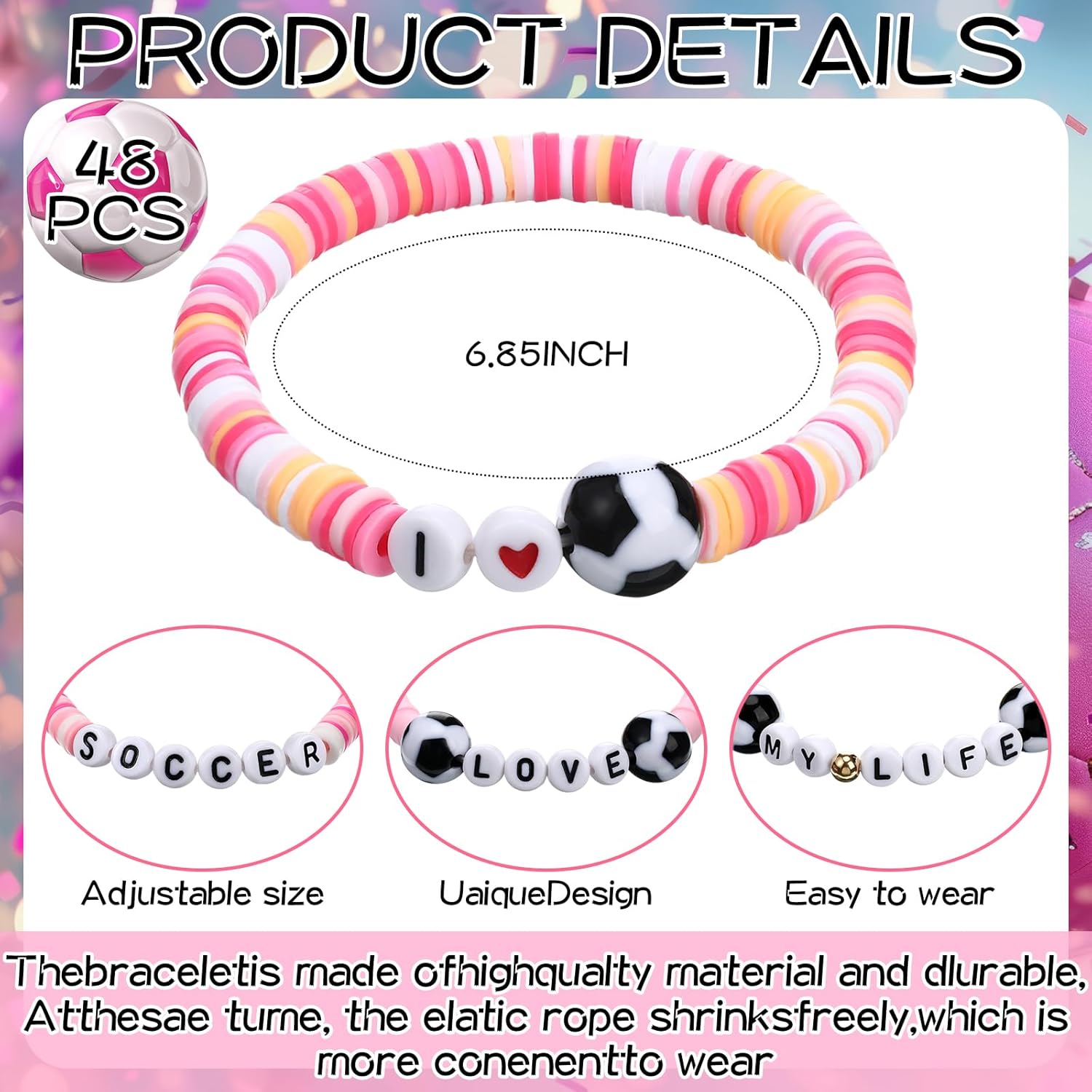 48 Pcs Soccer Bracelet for Women Gift Bulk Pink Soccer Charm Adjustable Clay Bracelets for Birthday Valentine - Image 4
