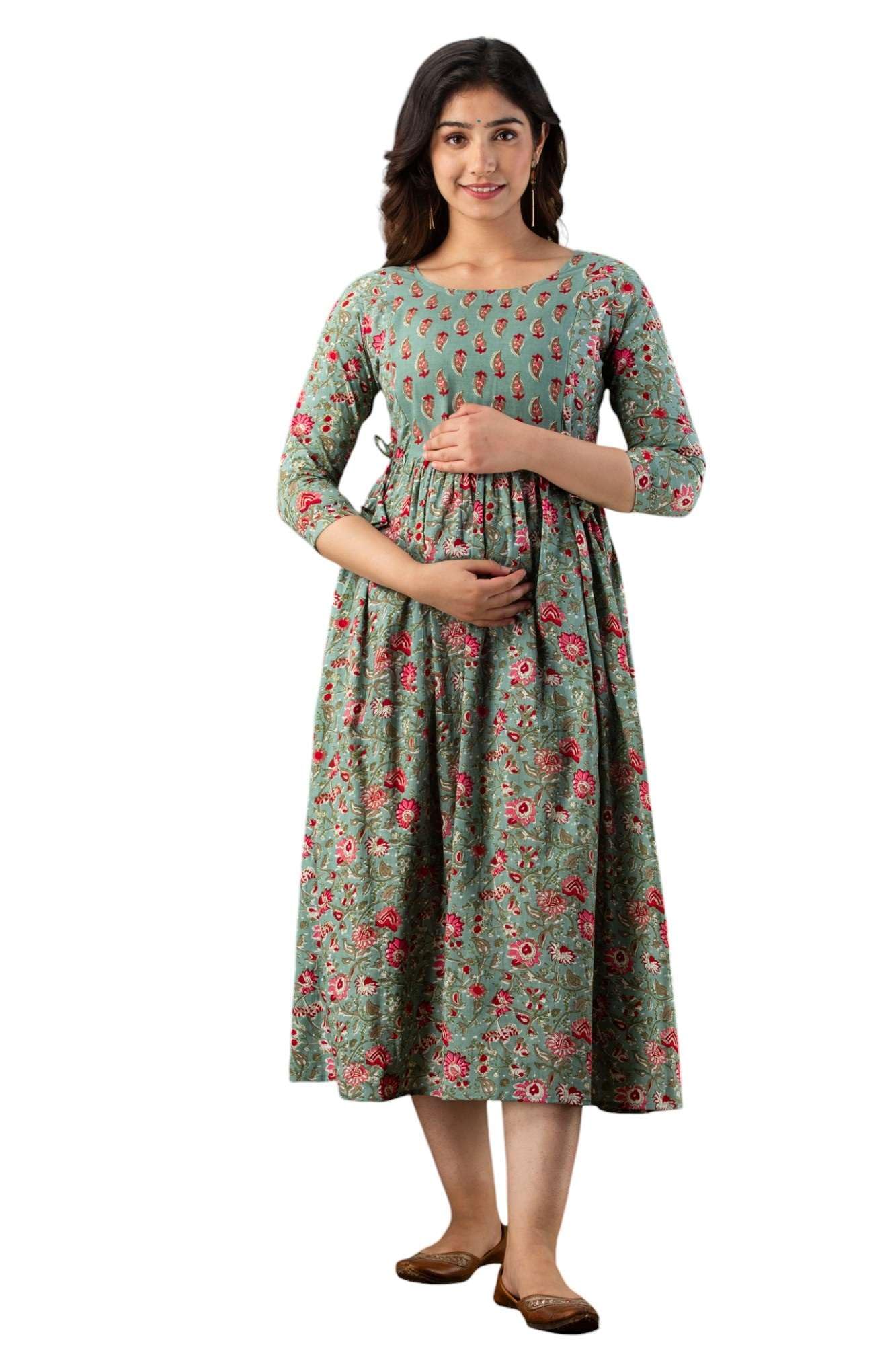 vivan enterprises Women's Pure Cotton Maternity Gown/Maternity Wear/Feeding Gown A-line Maternity Feeding Dress/Maternity Dress for Women/Maternity Feeding Kurtis for Women-Grey Pink Flower-picture-20