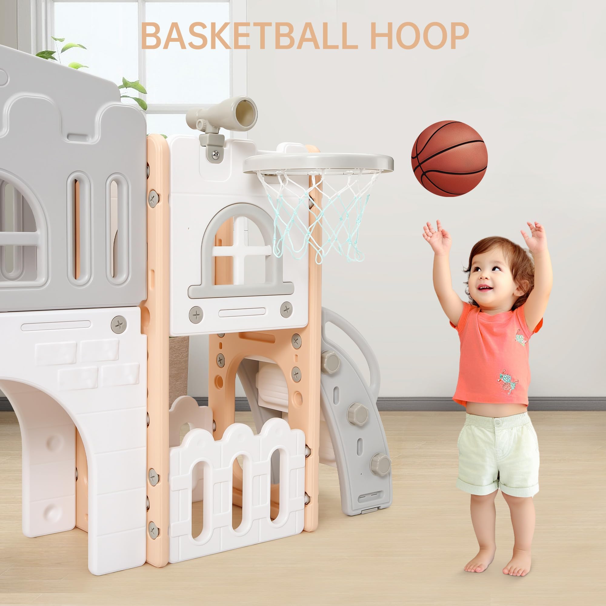 11-in-1 Kinderrutsche Indoor & Outdoor – Multifunktions Spielset Mit Klettergerüst, Basketballkorb, Tunnel, Lenkrad, Teleskop Und Zeichentafel Für Kinder 1-5 Jahre, Sicher Und Stabil, Rosa