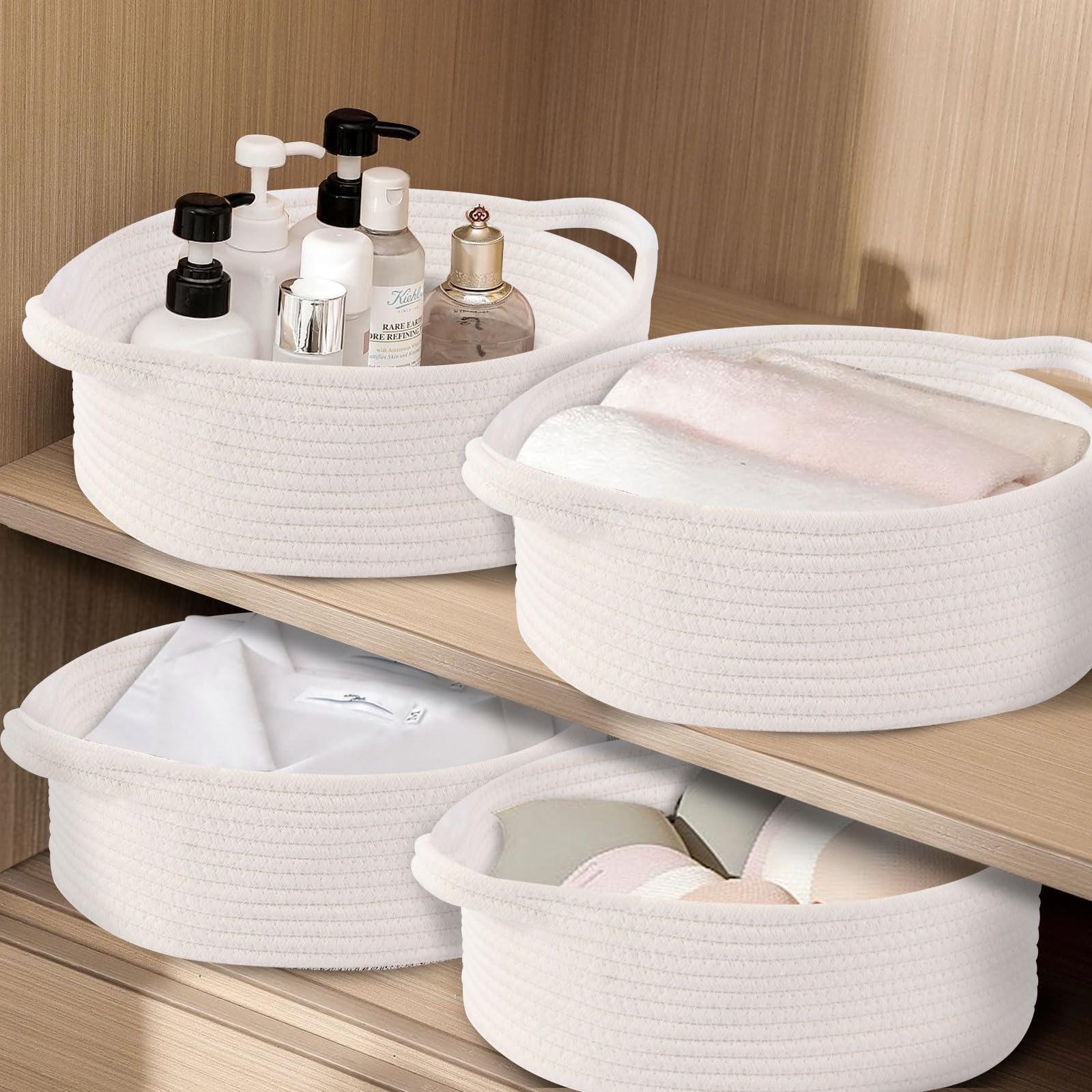 OUTBROS Cestini Portaoggetti Intrecciato in Corda di Cotone, Contenitore per l'immagazzinamento con Maniglie, Impilabile Scatola di Immagazzinaggio, 33 x 22 x 13 cm, Bianco