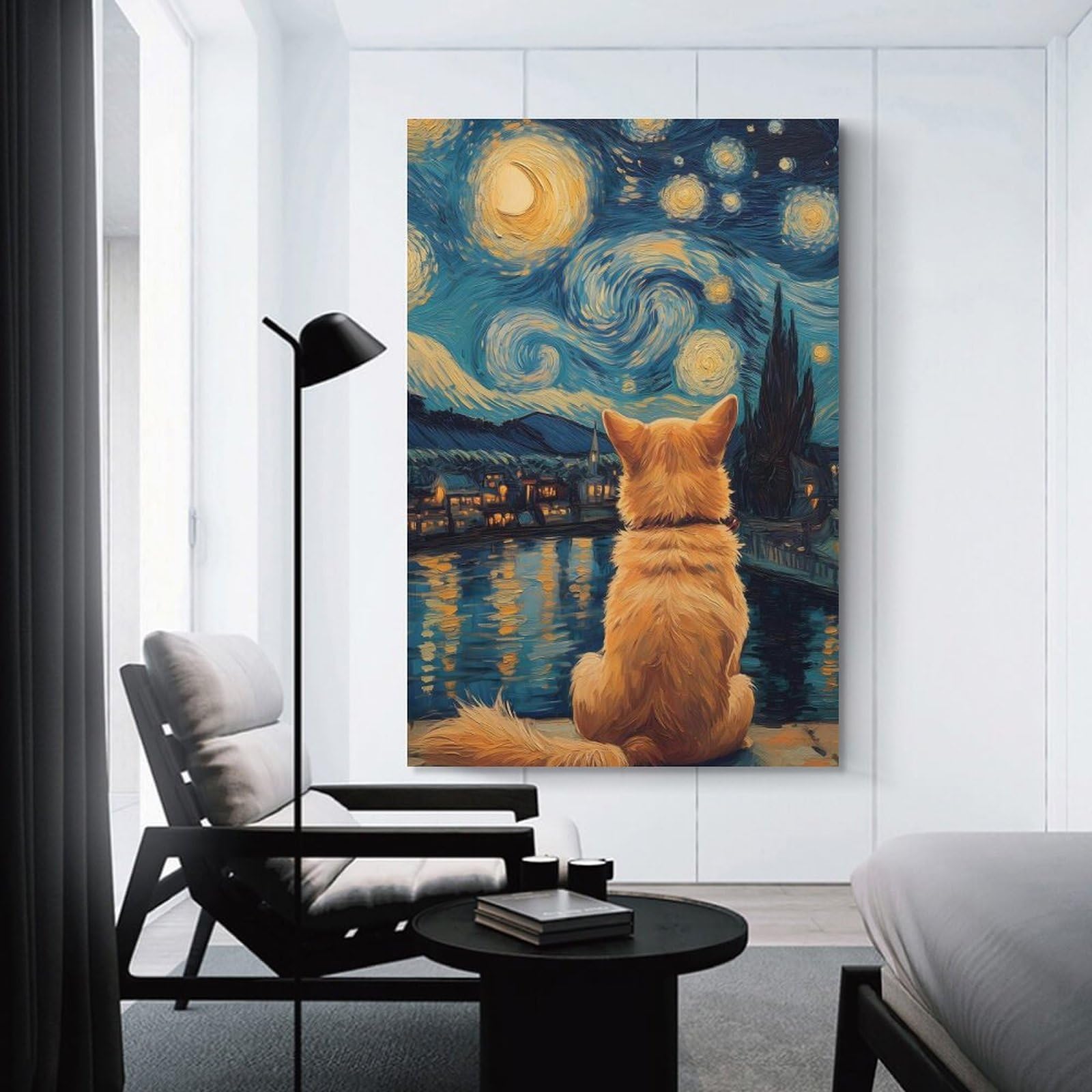 Junmoney Dog Shiba Inu Gazing at Starry Night Van Gogh Decorative Wall Artwork 20x30inch(50x75cm), for New Homes, Bedrooms Or Workspaces, A Wall Art Gift for Fresh Interiors