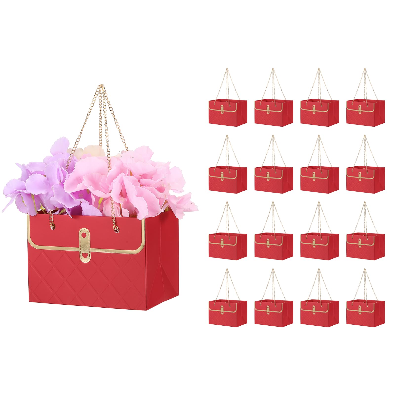 PATIKIL Paper Flower Gift Bags (16Pcs, Red) Bouquet Storage Bucket Florist Handbags with Metal Chains, Suit for - Wedding/Gift Wrap/Birthday/Party/Mother's Day