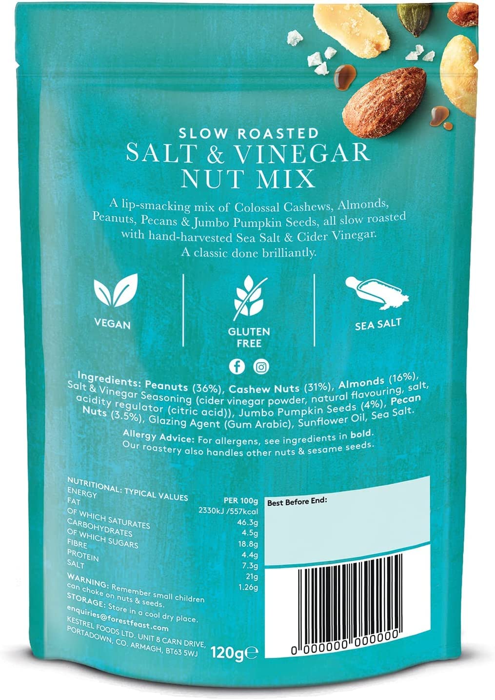 FOREST FEAST Mieszanka wolno palonej soli i octu orzechów 8 x 120 g | sól morska i ocet cydr prażone orzechy orzechowe z orzechami nerkowca, migdałami, orzeszkami ziemnymi, pekanami i nasionami dyni | wegańska przekąska