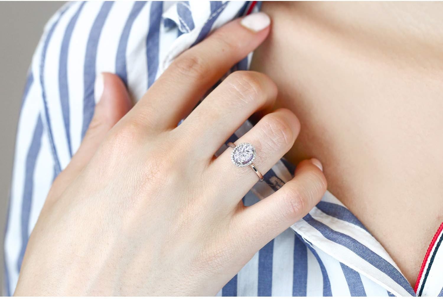 Gem Stone King Oval Halo Engagement Ring for Women | 10K White Gold | Oval 8X6MM | Gemstone Birthstone and White Diamond | Wedding Anniversary Promise White Gold Ring | Available in size 5,6,7,8,9