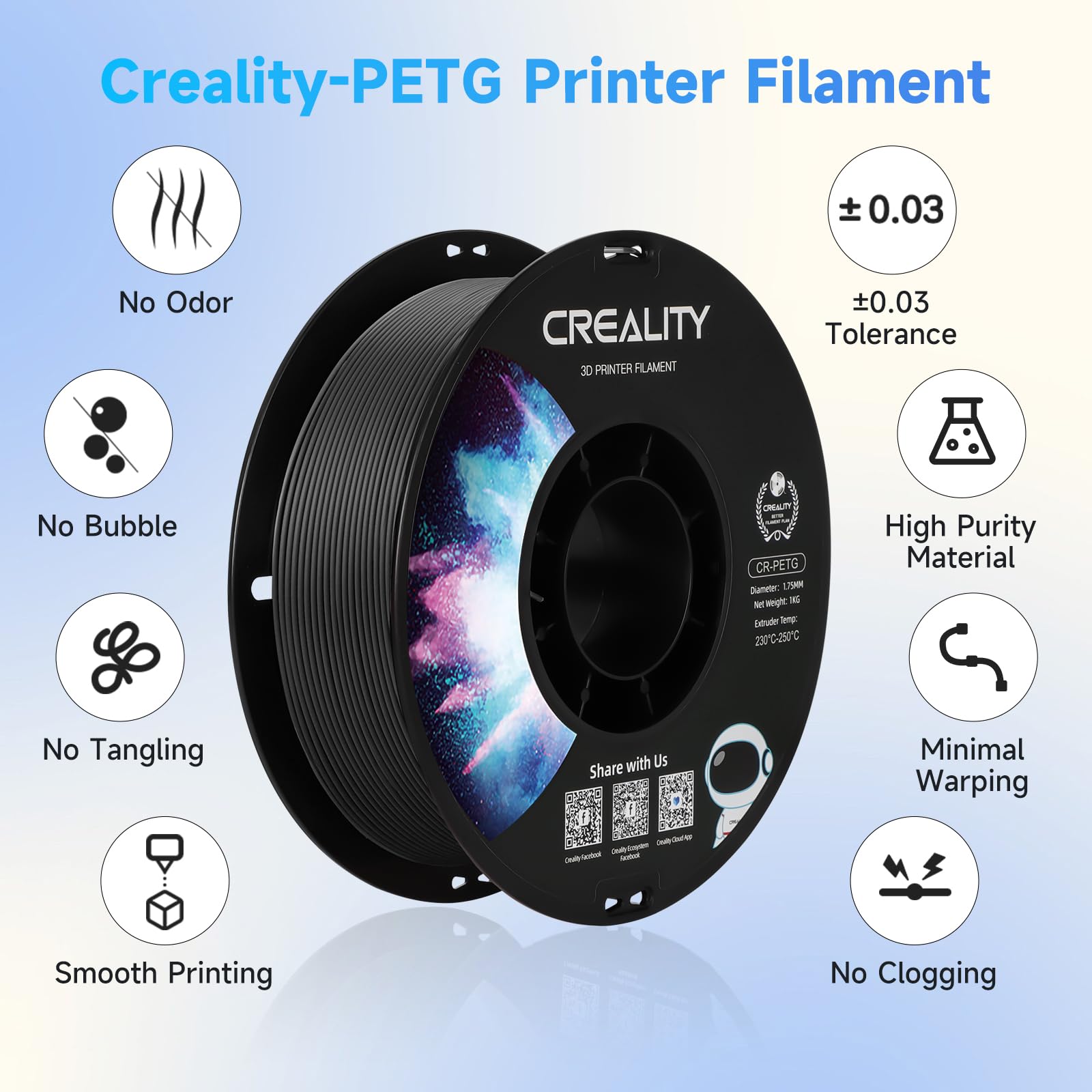 Creality Filamento PETG 1,75 mm, Ufficiale Filamento Stampante 3D Che Non si Aggroviglia, Forte Legame e Prestazioni a Sbalzo Precisione Dimensionale +/-0,03 mm, 2,2 lbs/Spool, Nero