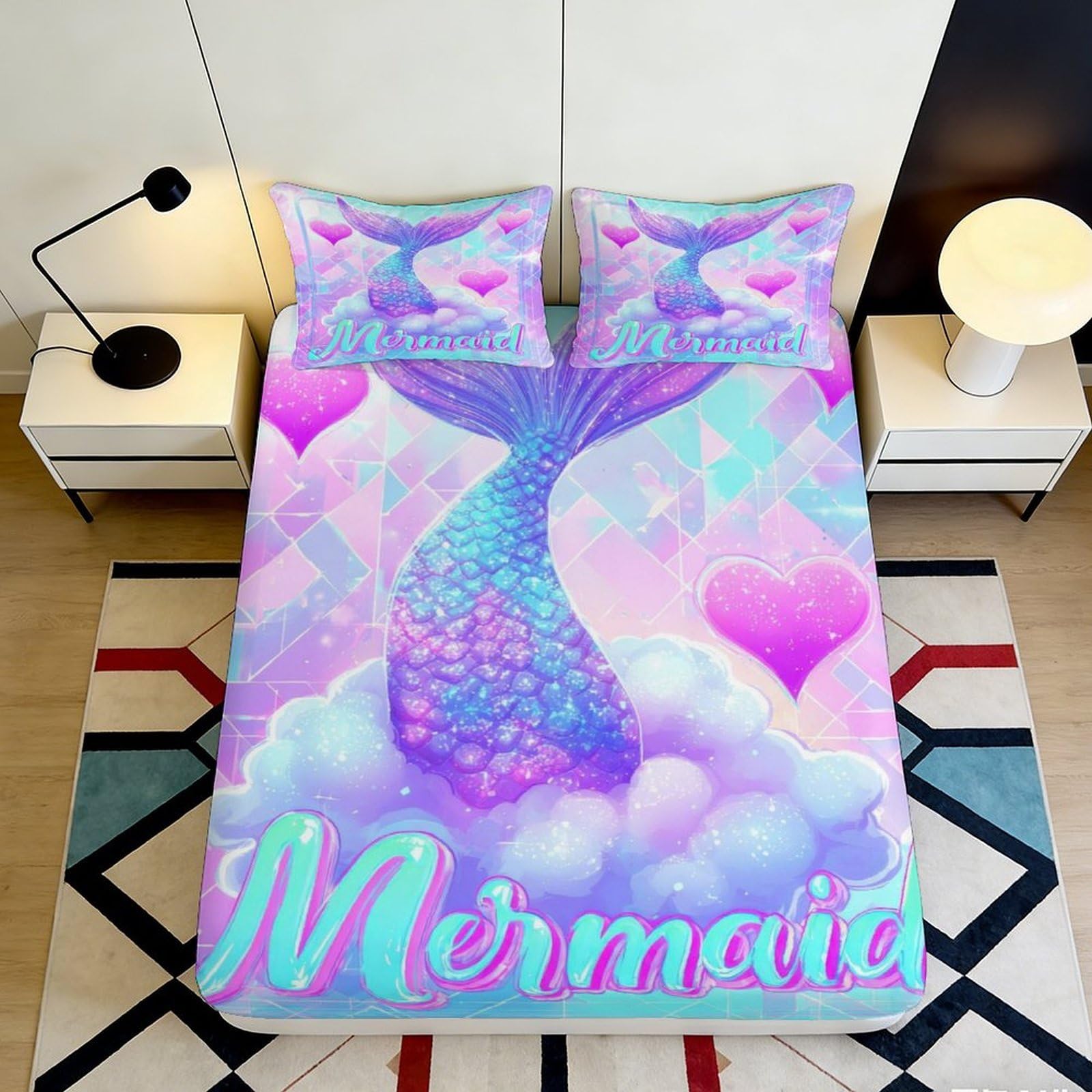 Pnayamiorkfel Style-3 3D Printed Mermaid Tail Fitted Sheet Microfiber Soft Pastel Bed Cover For Bedroom Guest Room Dorm Mattress Protection Decor 90X200x25cm
