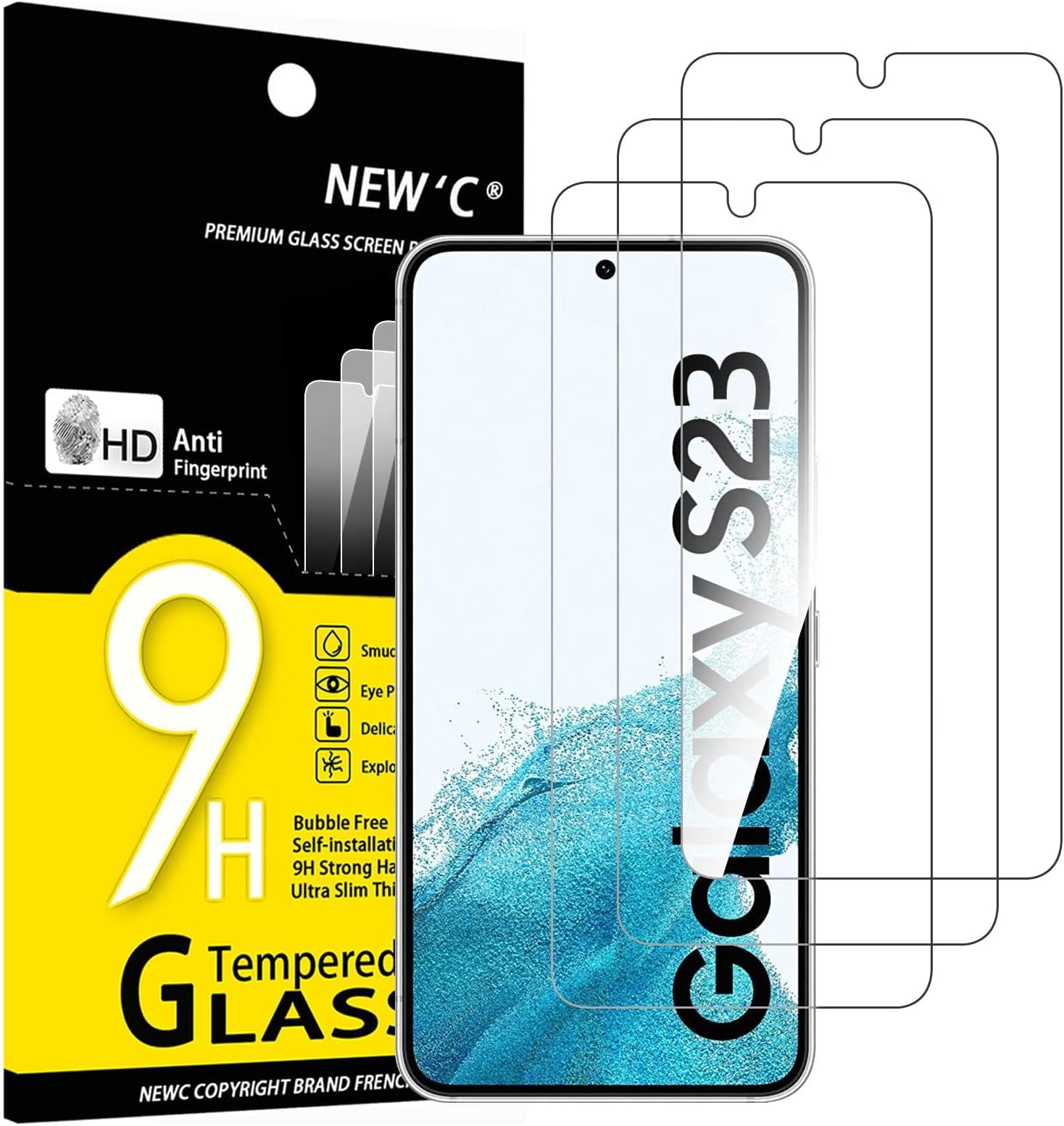 NEW'C 3 Pack Designed for Samsung Galaxy S23 Screen Protector Tempered Glass, Scratch Resistant, Bubble Free, Ultra Resistant