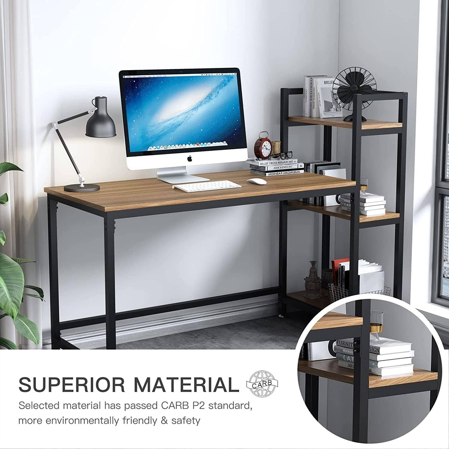 Dripex Tower Computer Desk with Storage Shelves, Convenient Study Table with Bookshelves, Modern Steel Frame Wood Desk for Home Office and Writing, Walnut Brown