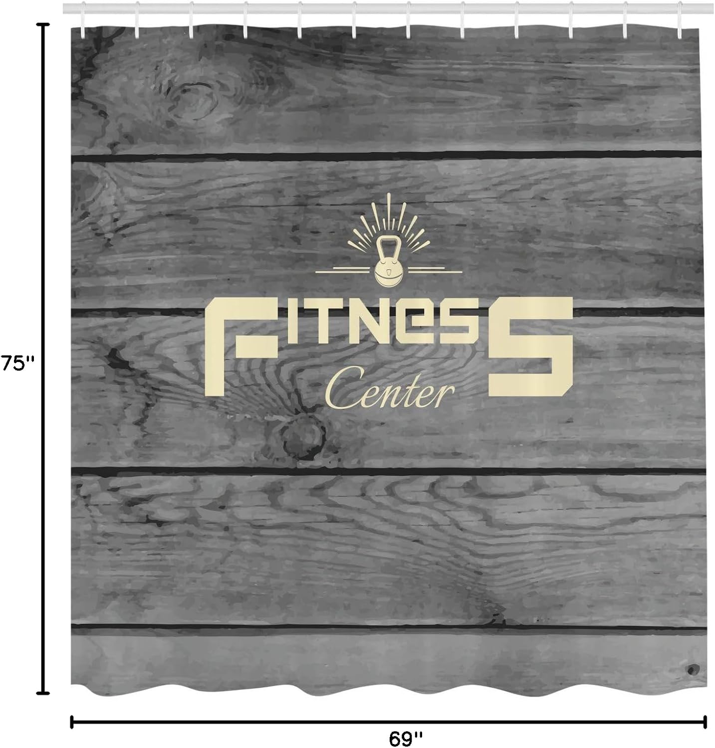 Ambesonne Fitness Shower Curtain, Fitness Club on Wooden Planks Backdrop Aerobics Energy Training Print, Cloth Fabric Bathroom Decor Set with Hooks, 69" W x 75" L, Pale Yellow Black Grey