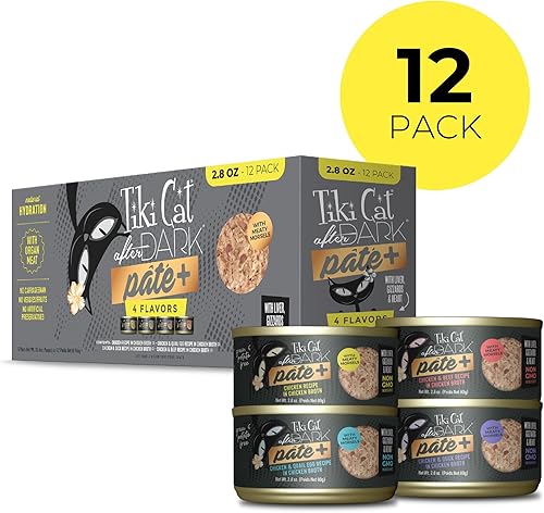 Miniatura 2 de Tiki Cat After Dark Pate+, paquete variado, con caldo de alta humedad para una hidratación óptima, comida enlatada húmeda para gatos, latas de 2.8