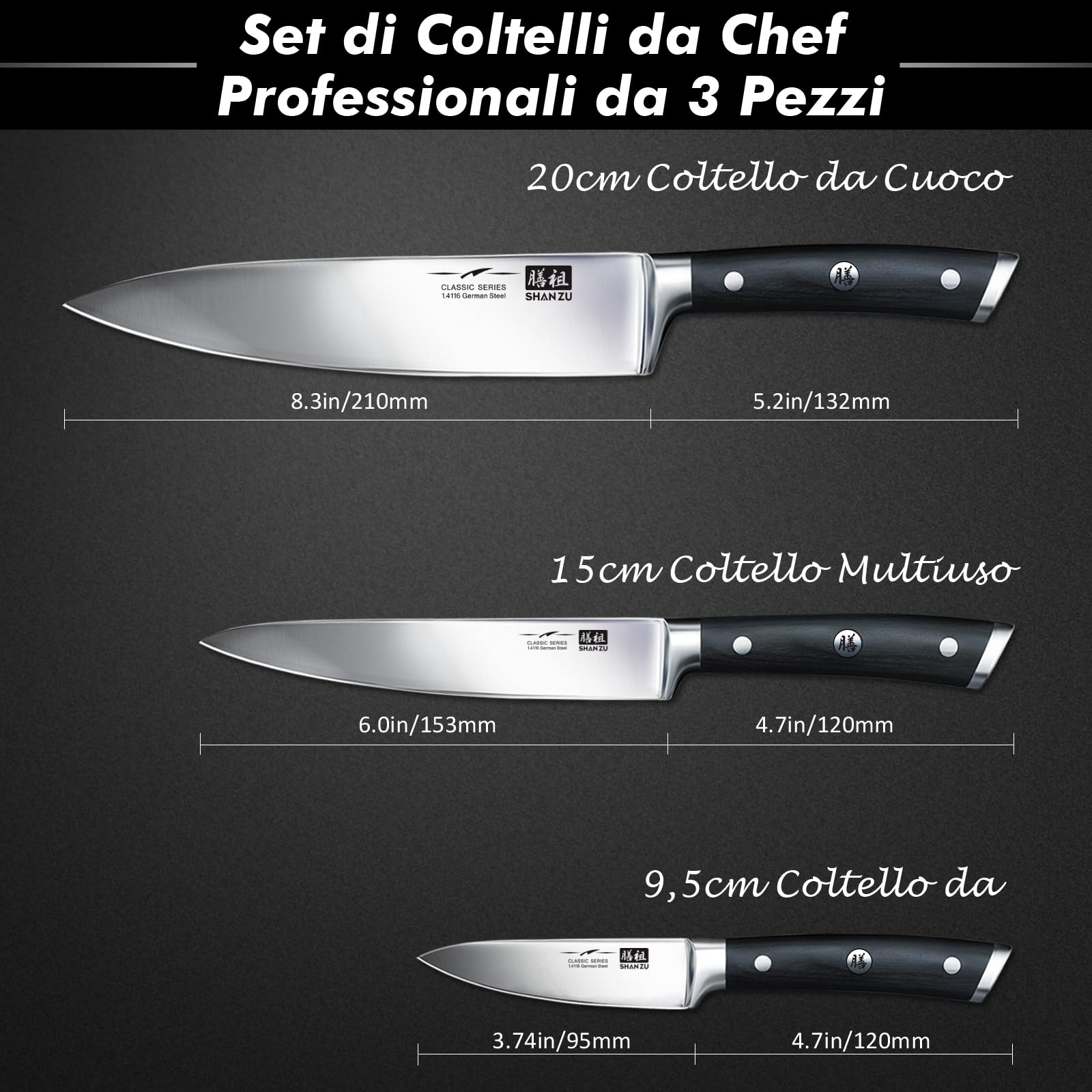 SHAN ZU Set di Coltelli da Cucina 3 Pezzi Acciaio Inox Ultra Affilati 20 cm 15 cm 9,5 cm