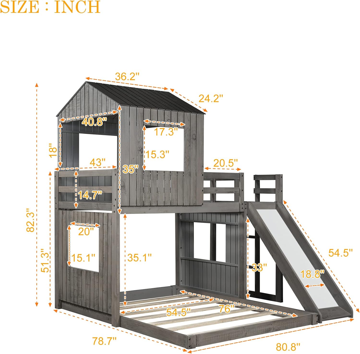 Twin Over Full Bunk Bed with Slide, Wooden Bunk Bed Loft Bed, House Bed Twin Over Full with Ladder and Guardrails, Antique Gray