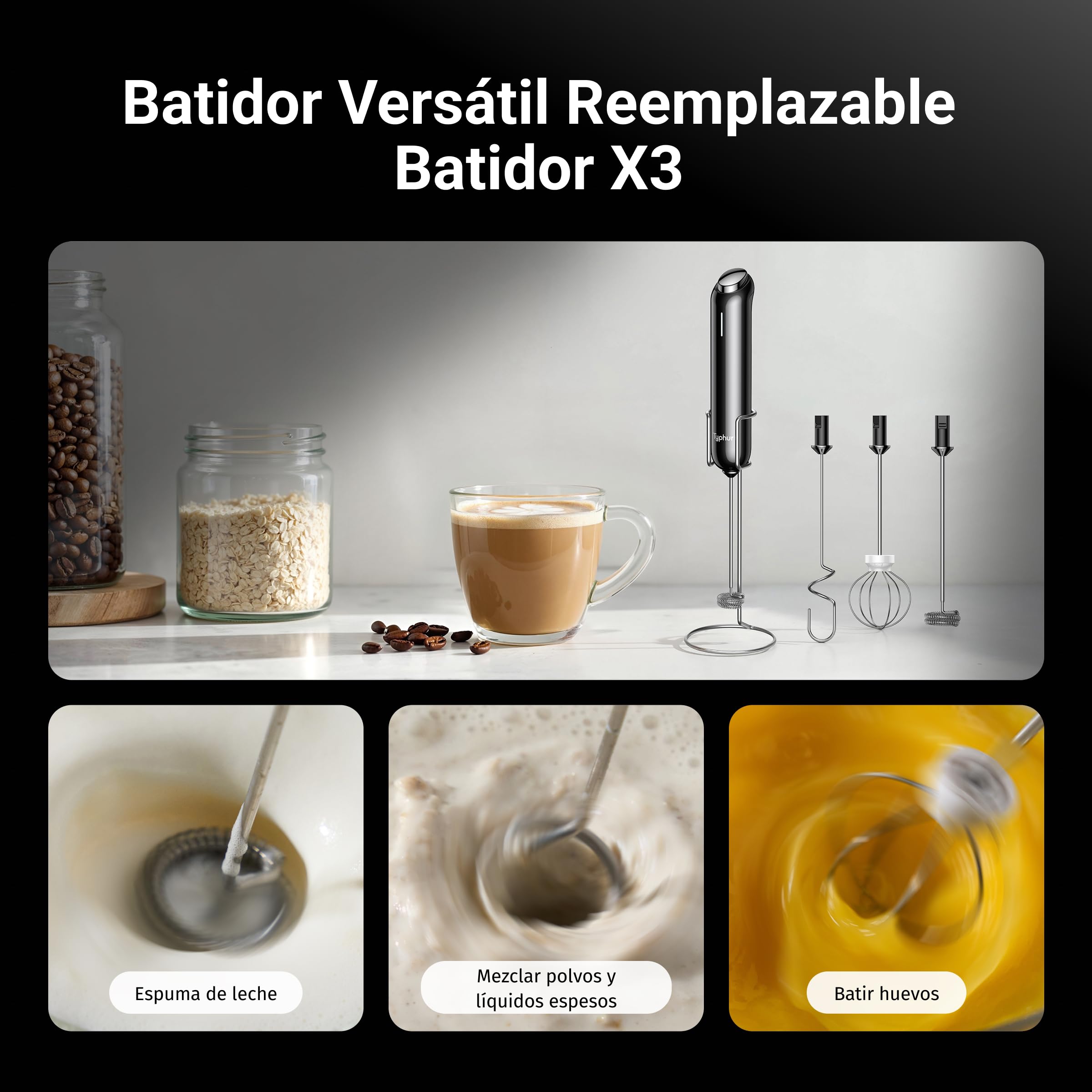 Typhur InstaWhisk Espumador de Leche Eléctrico de Mano, Recargable USB-C, Velocidad Variable, 3 Batidor Desmontable, sin Salpicaduras, para Café, Capuchino, Matcha, Leche de Avena, Soja