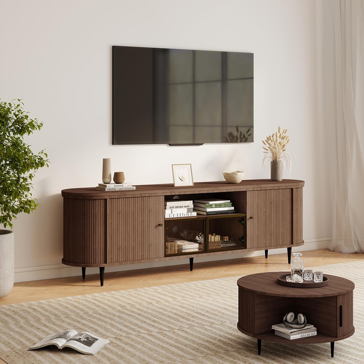 Luxury Table Set Includes 70" Fluted TV Stand & 31.5" Mid Century Fluted Coffee Table with Storage, for Living Room, Brown