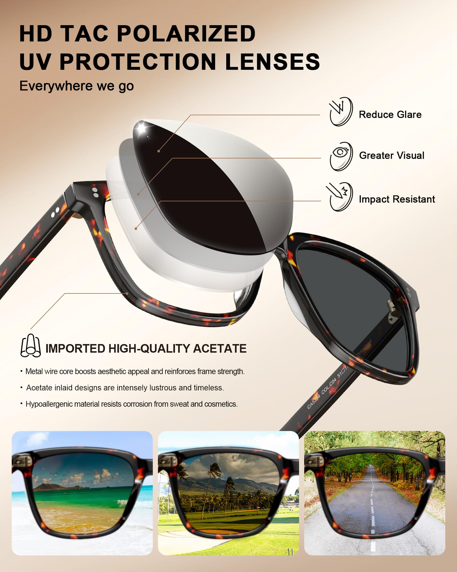 CARFIA Vintage Polarisierte Sonnenbrille Damen UV400 Schutz, Quadratische Sonnenbrille mit Acetatrahmen S