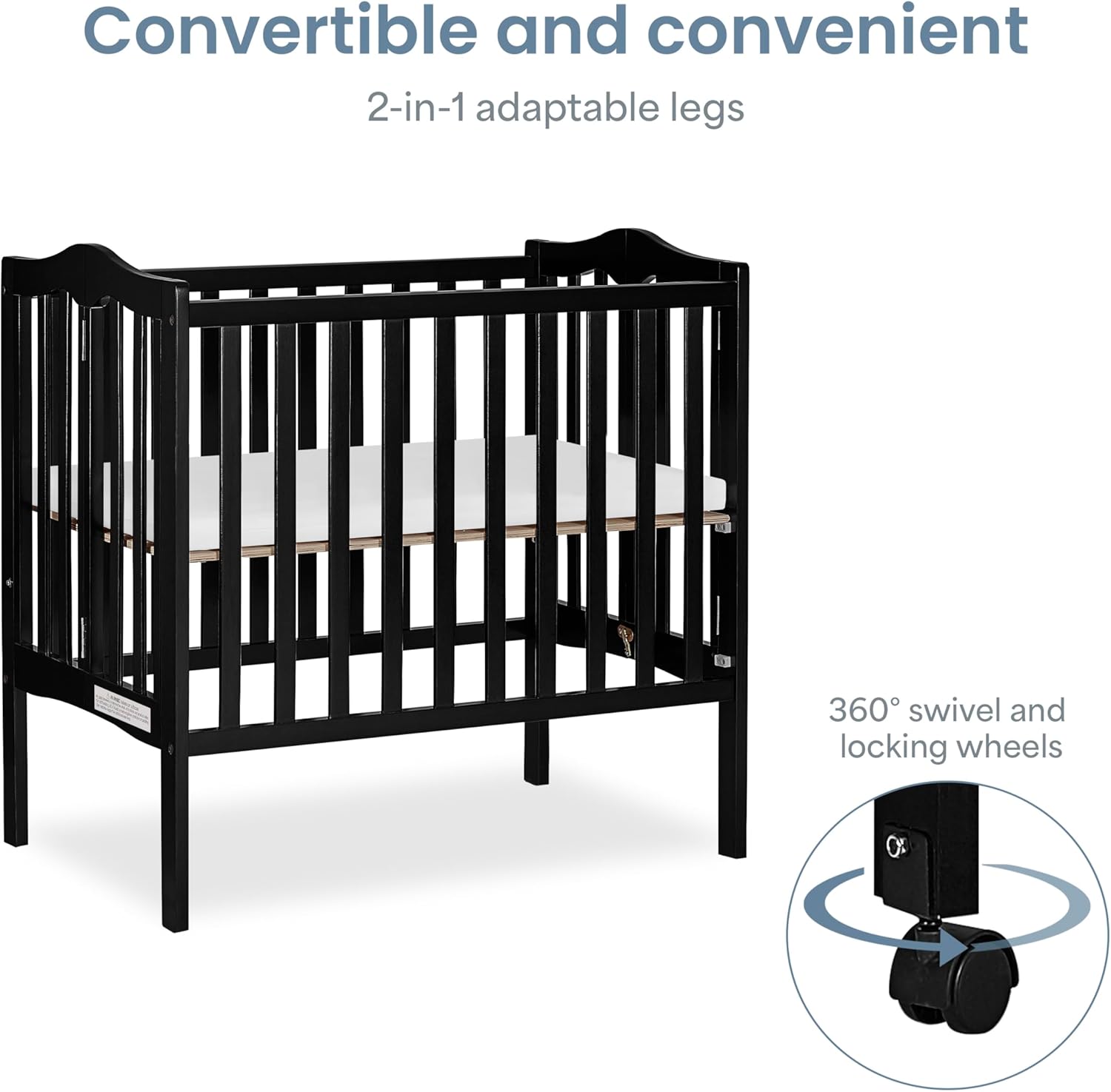 Dream On Me 2-In-1 Lightweight Folding Portable Stationary Side Crib In Black, Greenguard Gold Certified, Baby Crib To Playpen, Folds Flat For Storage, Locking Wheels