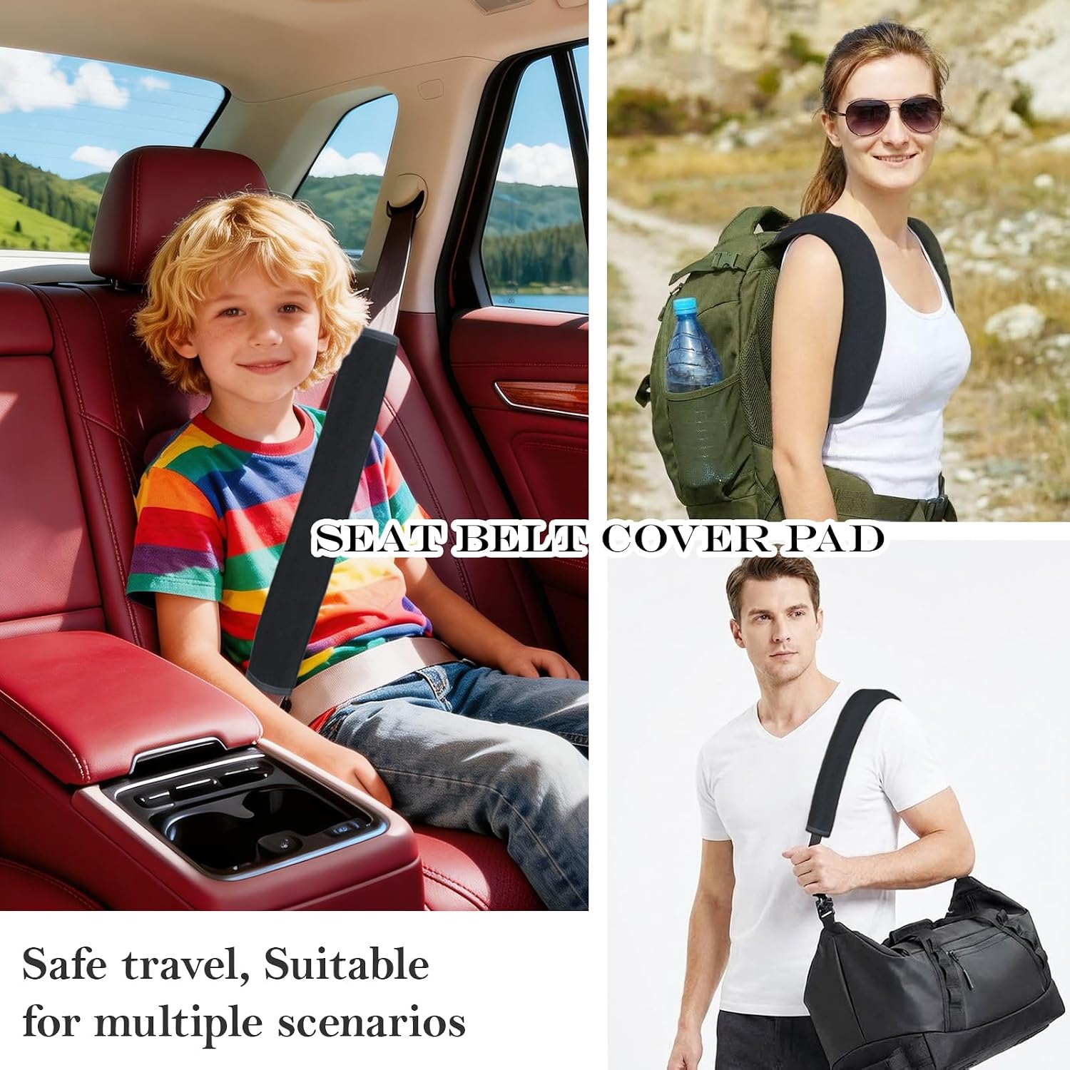 Extended Seat Belt Cover Pad, 2 Pack Soft & Comfortable Universal Seatbelt Covers for Adults and Kids, Fits Car Seat Belts, Armrest, and Backpacks (Black)