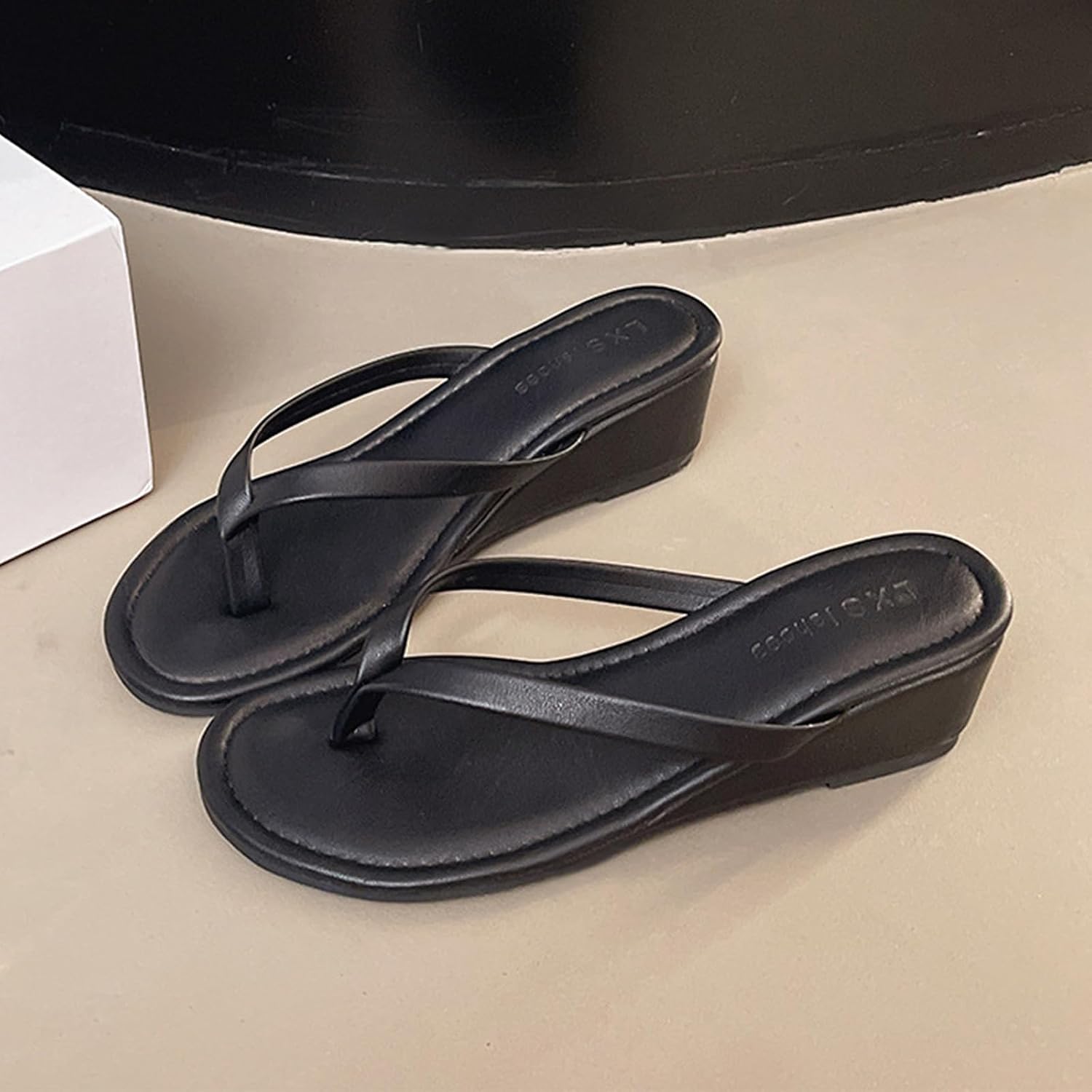 Women's Faux Leather Wedge Flip Flops with Arch Support Comfortable Round Open Toe Slip On Thong Slippers Casual Summer Sandals