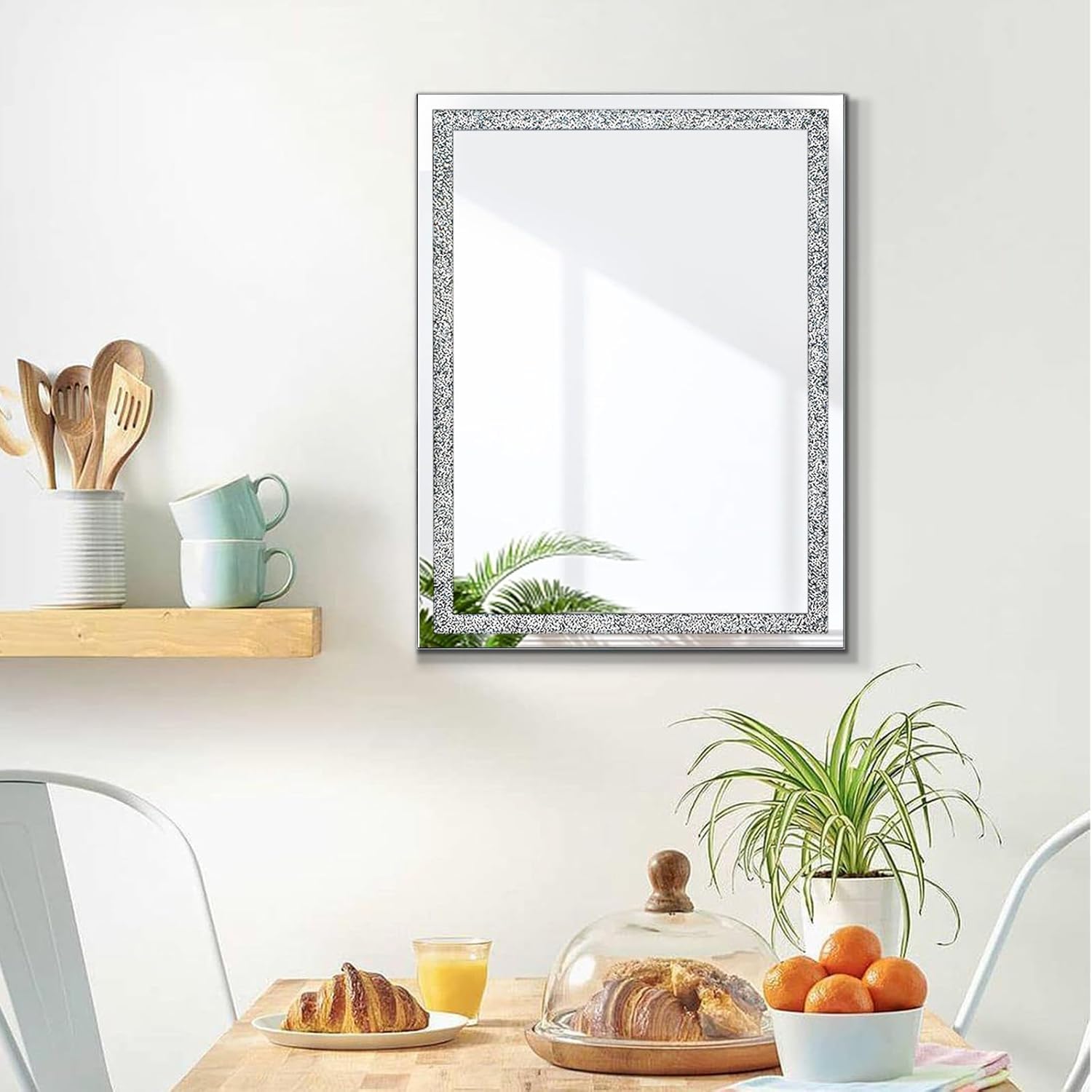 HLFMVWE Rectangle Sparkling Decorative Wall Mirror, for Home Decoration with Silver Crystal Crush Diamond Décor, Dimention 40x50 CM, Wall Hang Frameless Mirrors Glass Diamond Décor 6