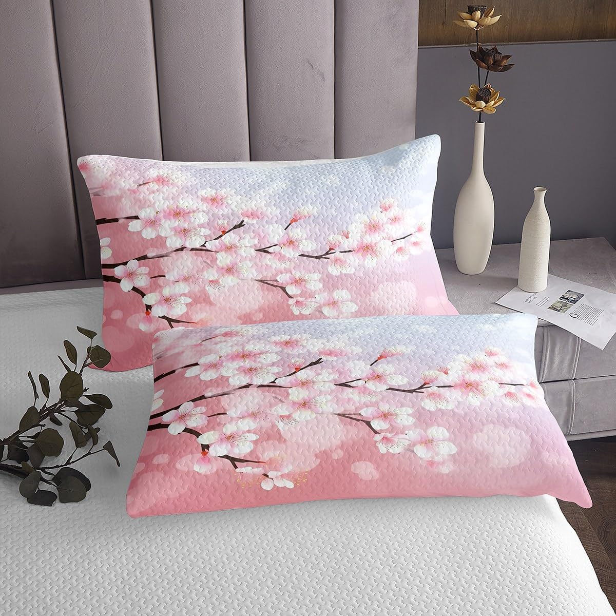 Erosebridal Pink Cherry Blossoms Coverlet,Japanese Style Quilt Set,Cute Florals Flowers Bedding Sets Twin Size,Brown Branches Bedspread Set,Botanical Plants Theme Bedroom Decor for Girls Women,Cozy