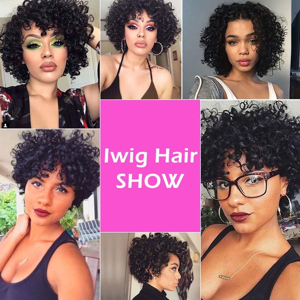Peruvian Curly Hair Bundles Short Bob Wavy Curly Human Hair Bundles with Closure 10A Ocean Weave 6 Bundles with Closure 25g/Bundle(8"x6+8") Unprocessed Virgin Hair Bundle Natural Color