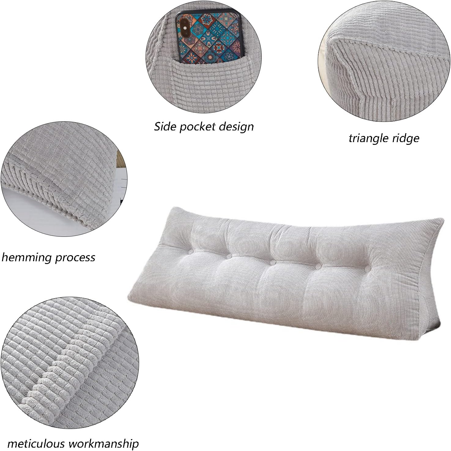 Headboard Wedge Pillow Triangular Bolster Pillows Large Bolster for Bed Rest Reading Pillows Backrest Pillows for Sitting in Bed Backrest Positioning Support,D,23.6IN/60CM