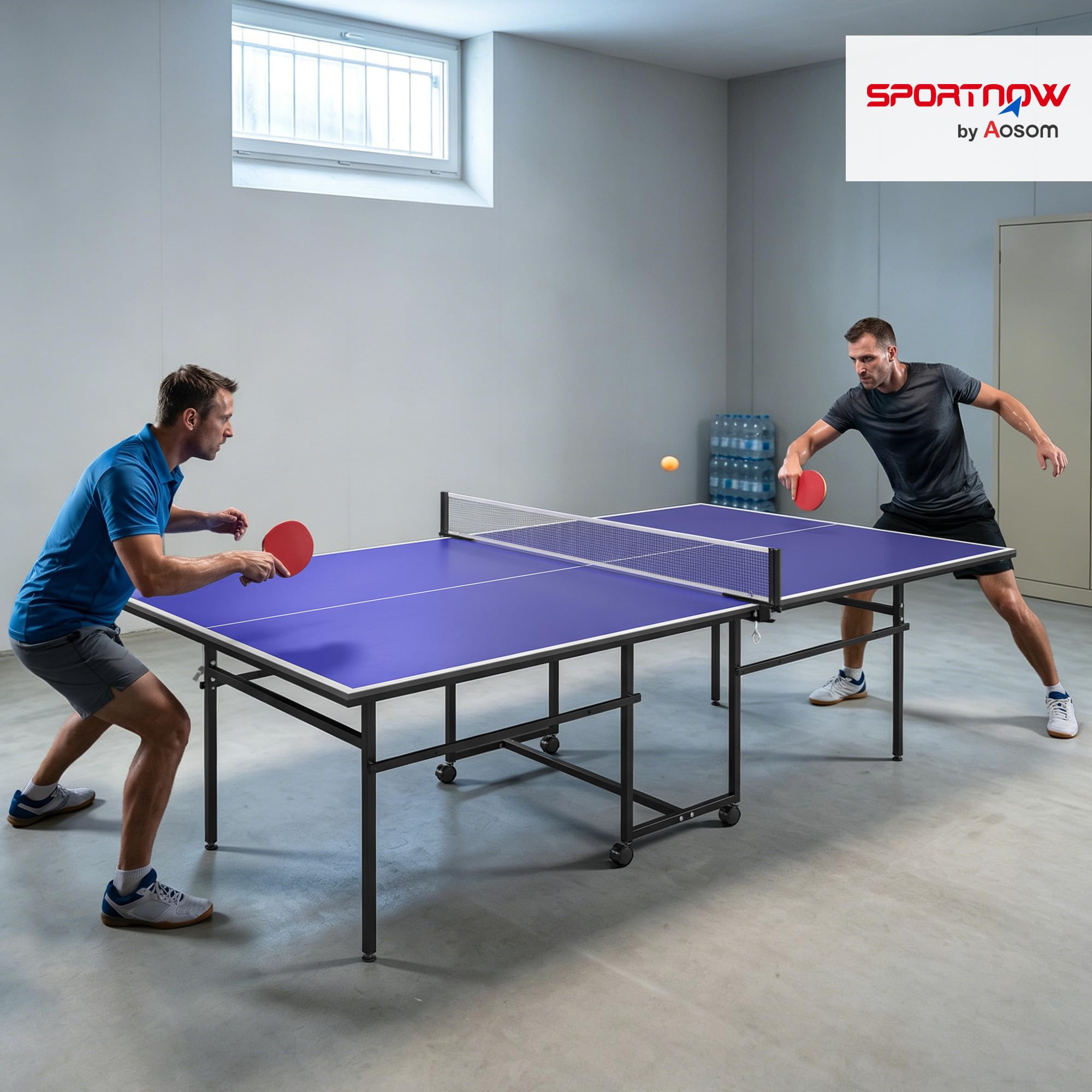 SPORTNOW Mesa de Ping-Pong Profesional Plegable con 4 Ruedas, Red, 2 Palas y 3 Pelotas 274x152,5x75,5 cm Azul