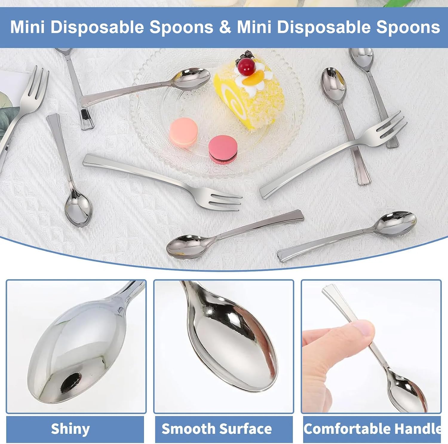 200Pcs Mini Plastic Forks and Spoons, 100 Pcs Silver Forks & 100 Pcs Silver Spoons, Disposable Plastic Silverware, Mini Spoon and Fork for Appetizers Desserts Cake Parties Weddings(4.3 Inch)