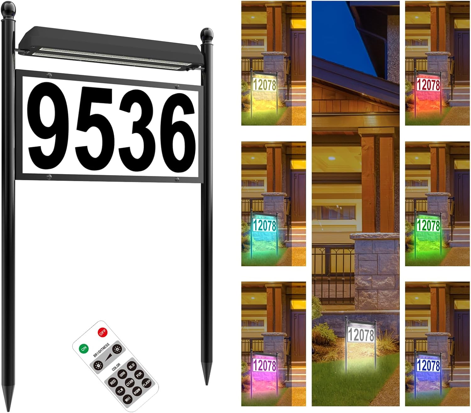Solar House Number, 2024 Upgrade 5 Inch Acrylic Number, Increase Brightness, 23.6x14.3 Inch Metal Body, Double Stakes, Double-Sided Color Lighting with Remote Control, Address Number Sign